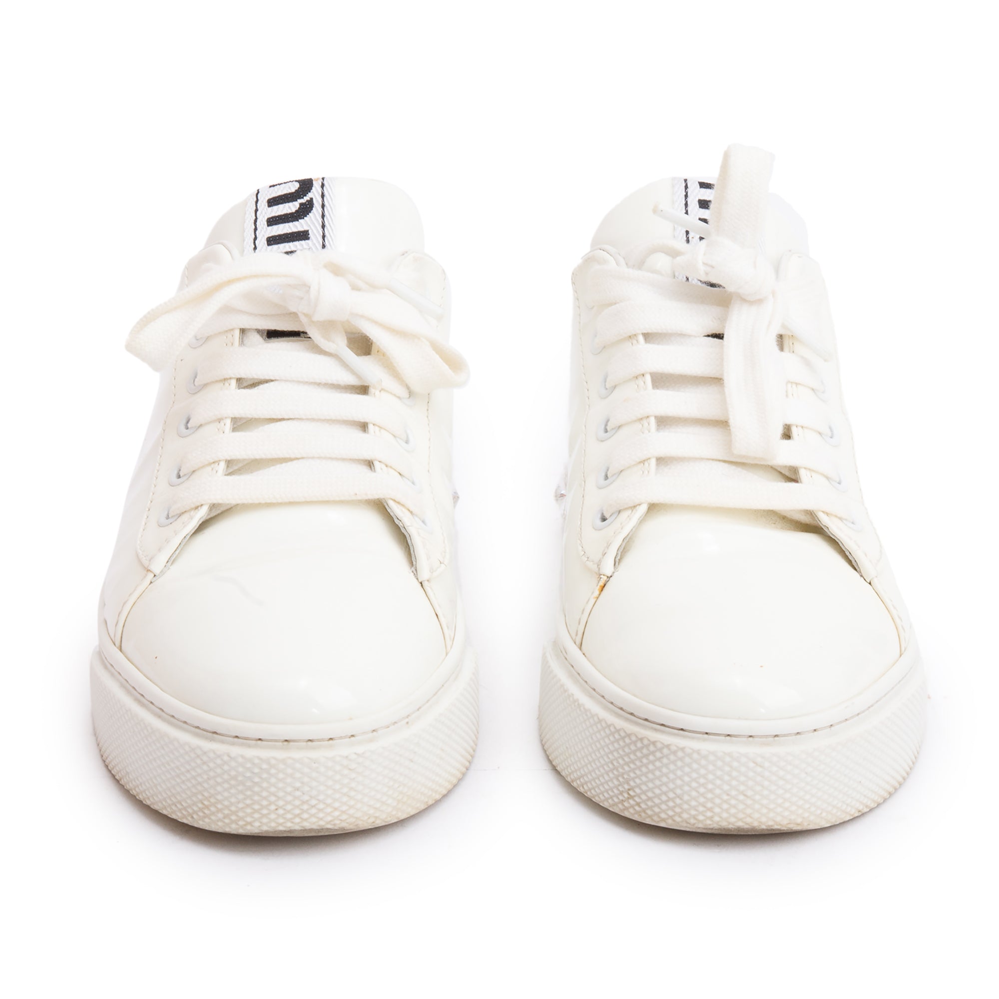 Miu Miu White Patent Leather Crystal Embellished Sneakers, Size 36.5 w/ Box