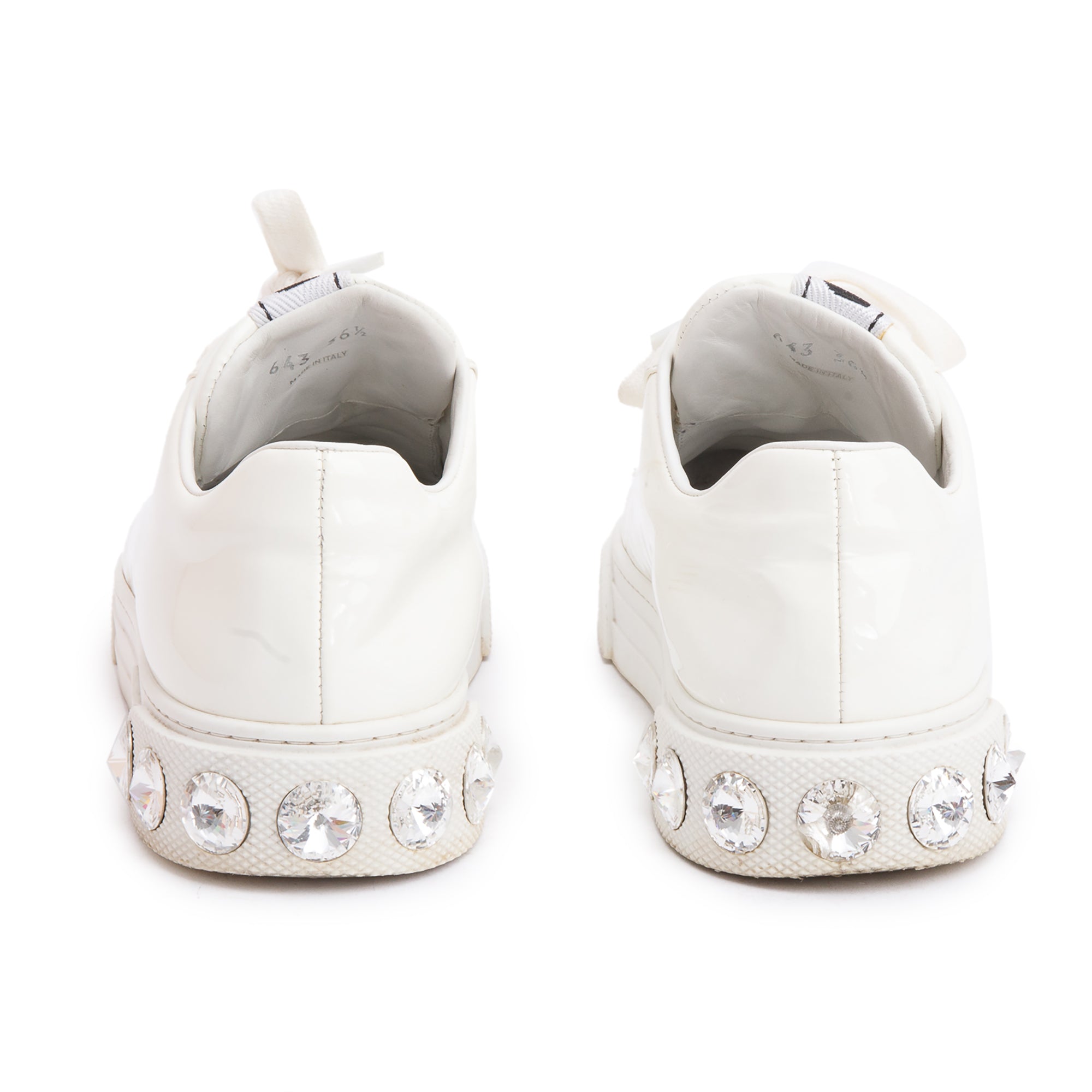 Miu Miu White Patent Leather Crystal Embellished Sneakers, Size 36.5 w/ Box