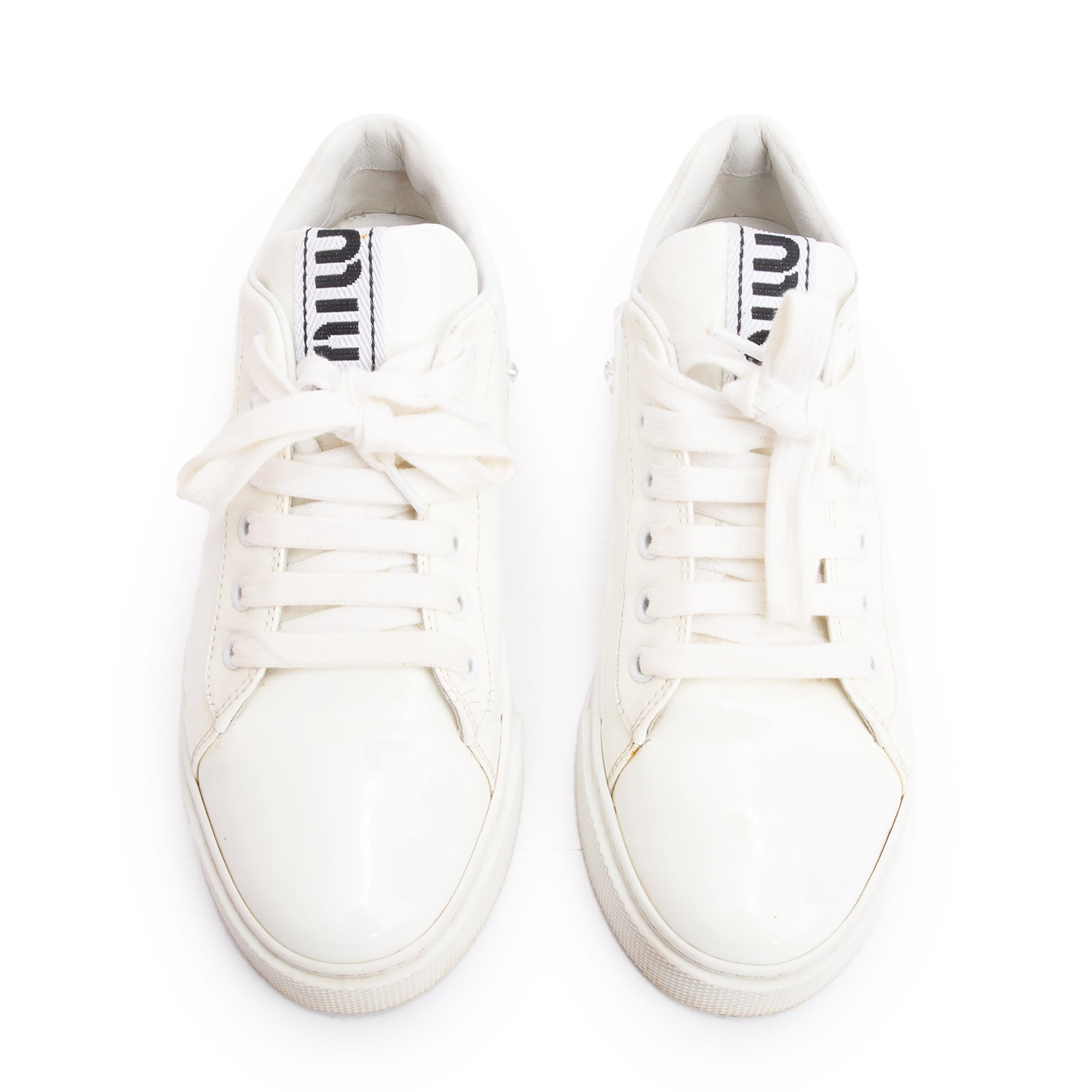 Miu Miu White Patent Leather Crystal Embellished Sneakers, Size 36.5 w/ Box