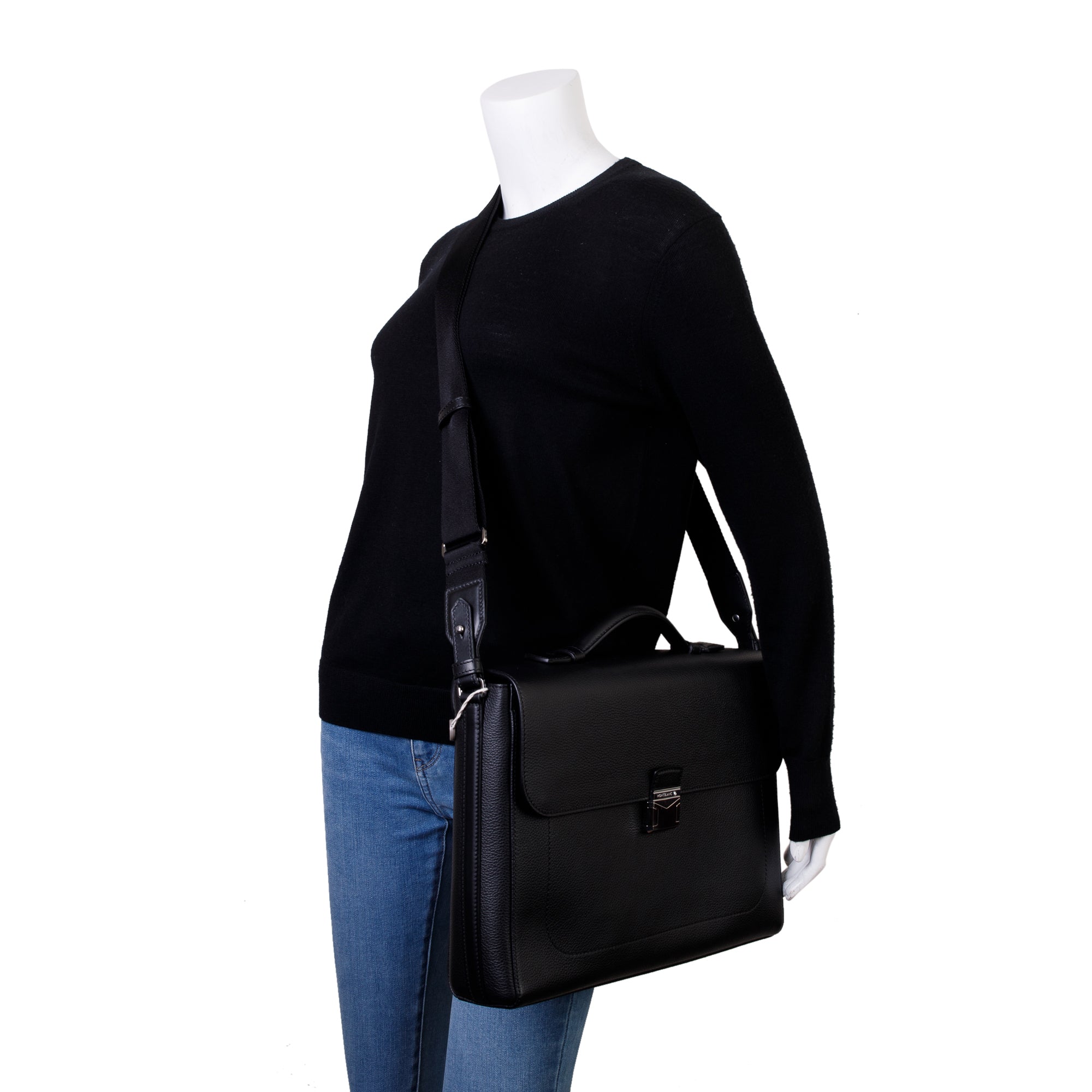 Montblanc Black Soft Grain Leather Single Gusset Briefcase w/ Strap
