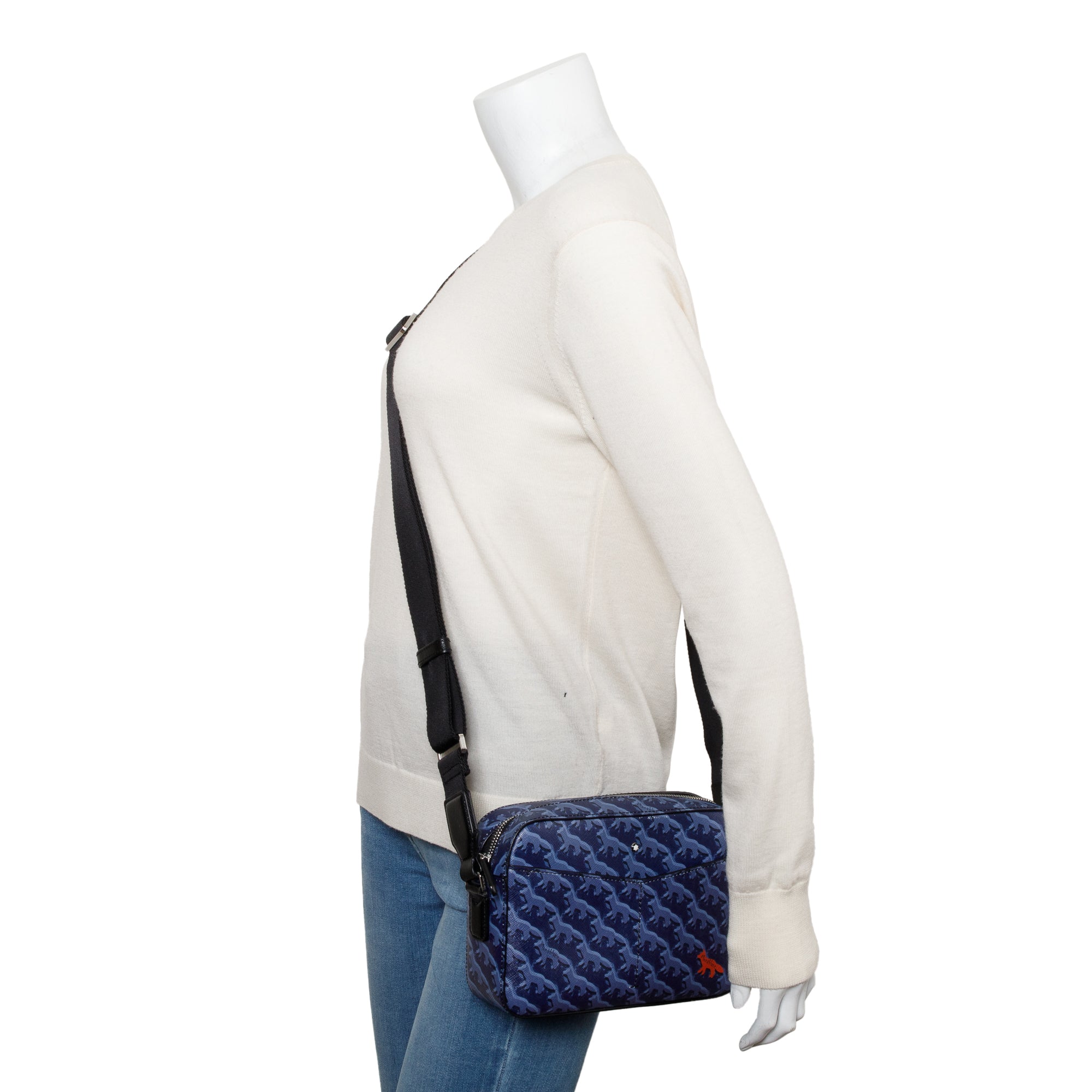 Montblanc Blue Saffiano Printed Signature Leather Maison Kitsune Messenger Bag