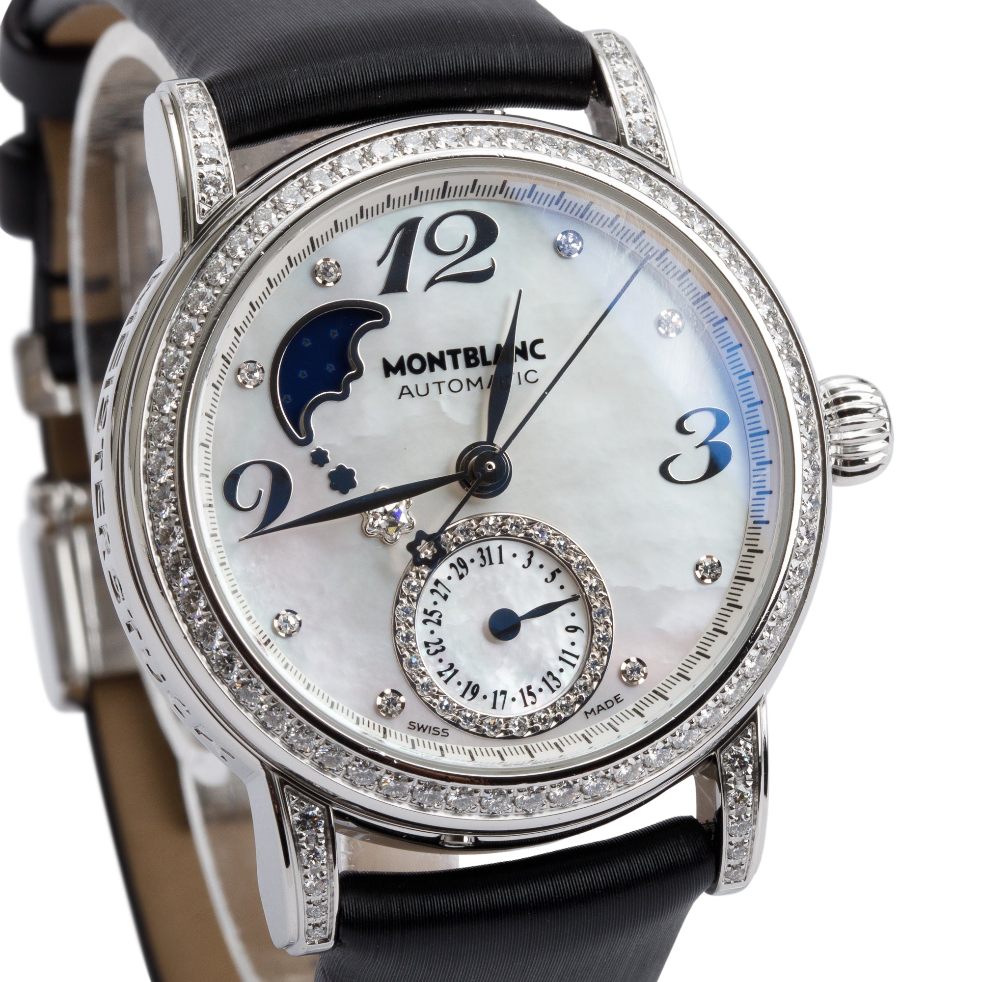 Montblanc Stainless Steel Star Diamond Bezel Mother of Pearl Diamond Dial 36 MM Automatic Moonphase Watch 7109