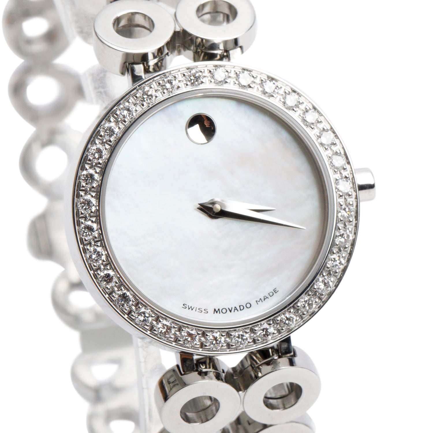 Movado Stainless Steel Diamond Bezel Ono 25 MM Quartz Watch Mother of Pearl Dial