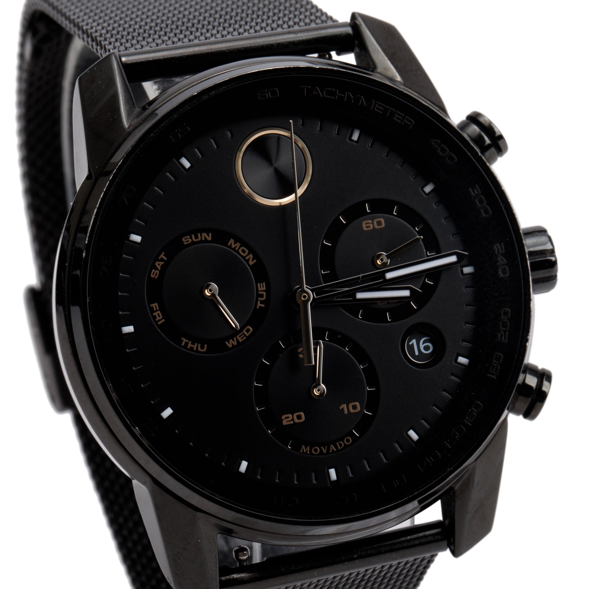 Movado Black PVD Plated Stainless Steel Bold 44 MM Chronograph Quartz Watch w/ Box & Extra Strap
