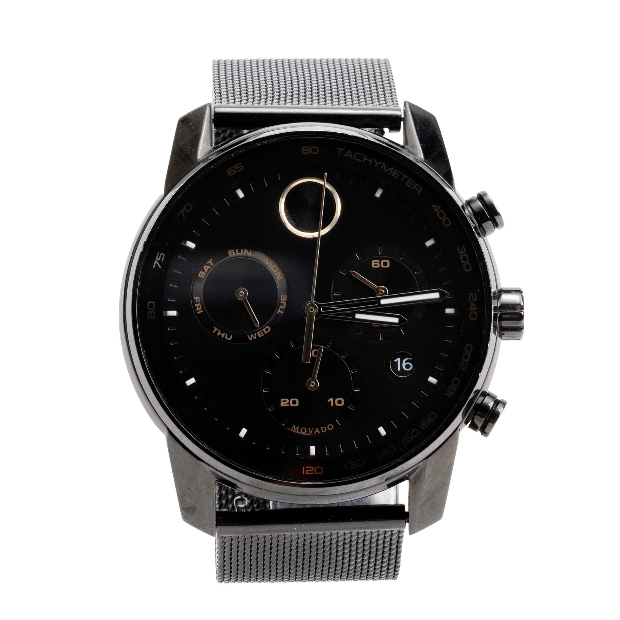Movado Black PVD Plated Stainless Steel Bold 44 MM Chronograph Quartz Watch w/ Box & Extra Strap