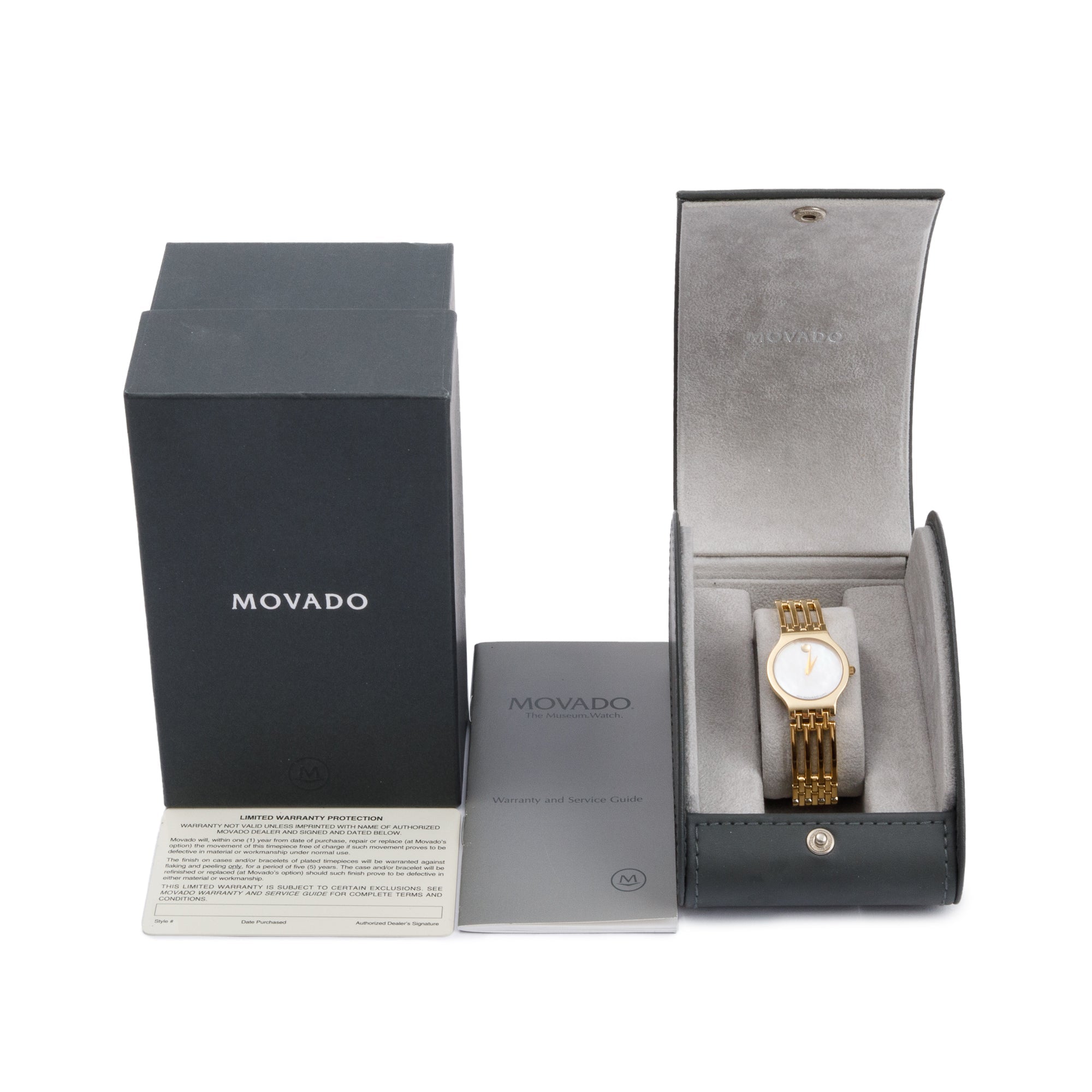 Movado Gold Plated Stainless Steel Esperanza Mother of Pearl Dial 23 MM Watch w/ Box