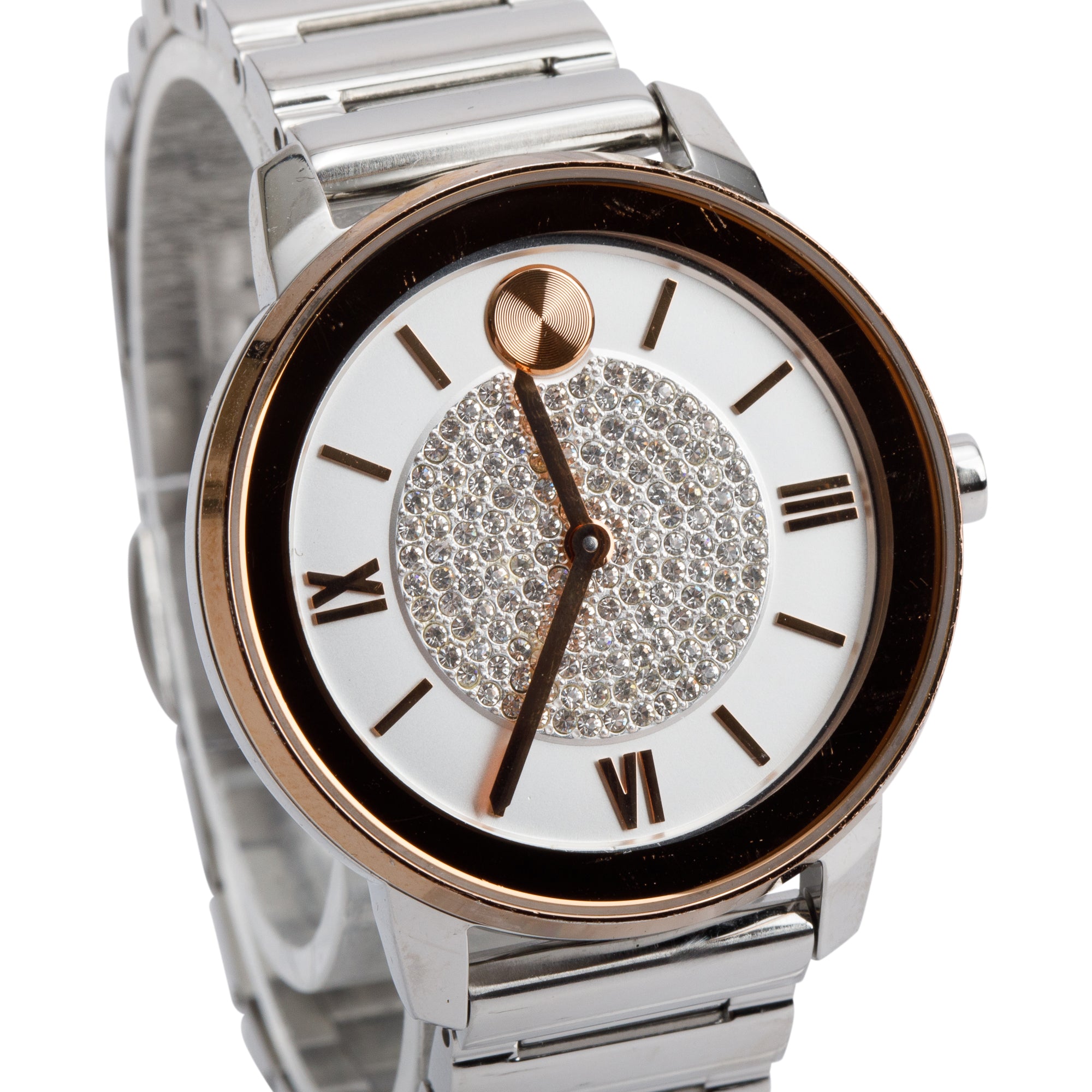 Movado Rose Gold Plated & Stainless Steel Bold 32 MM Pave Dial Quartz Watch