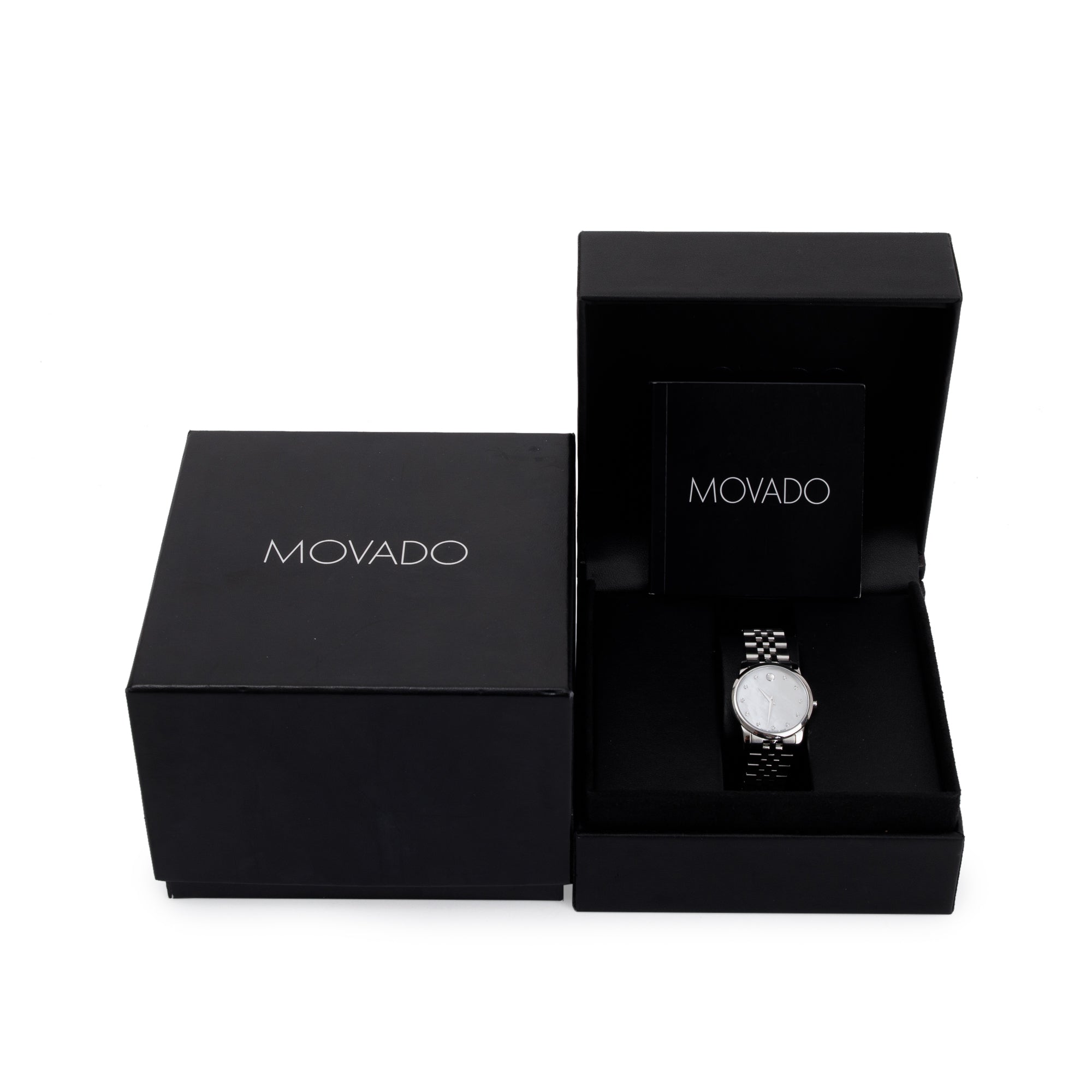 Movado Stainless Steel Museum 28 MM Watch w/ Mother of Pearl Diamond Dial w/ Box & Papers