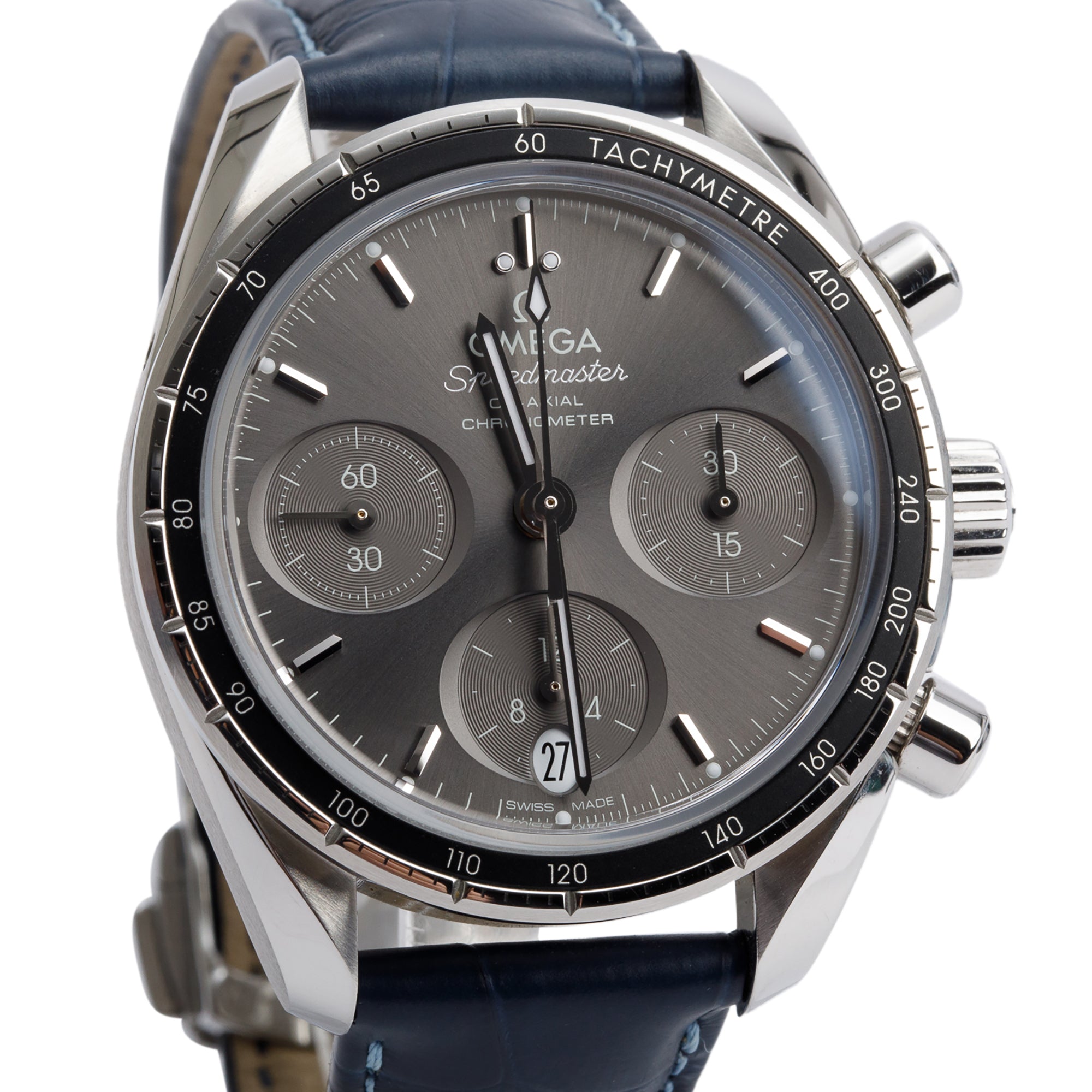 Omega Stainless Steel Speedmaster 38 MM Co-Axial Chronometer Chronograph Automatic Watch w/ Pouch, Papers & Extra Strap