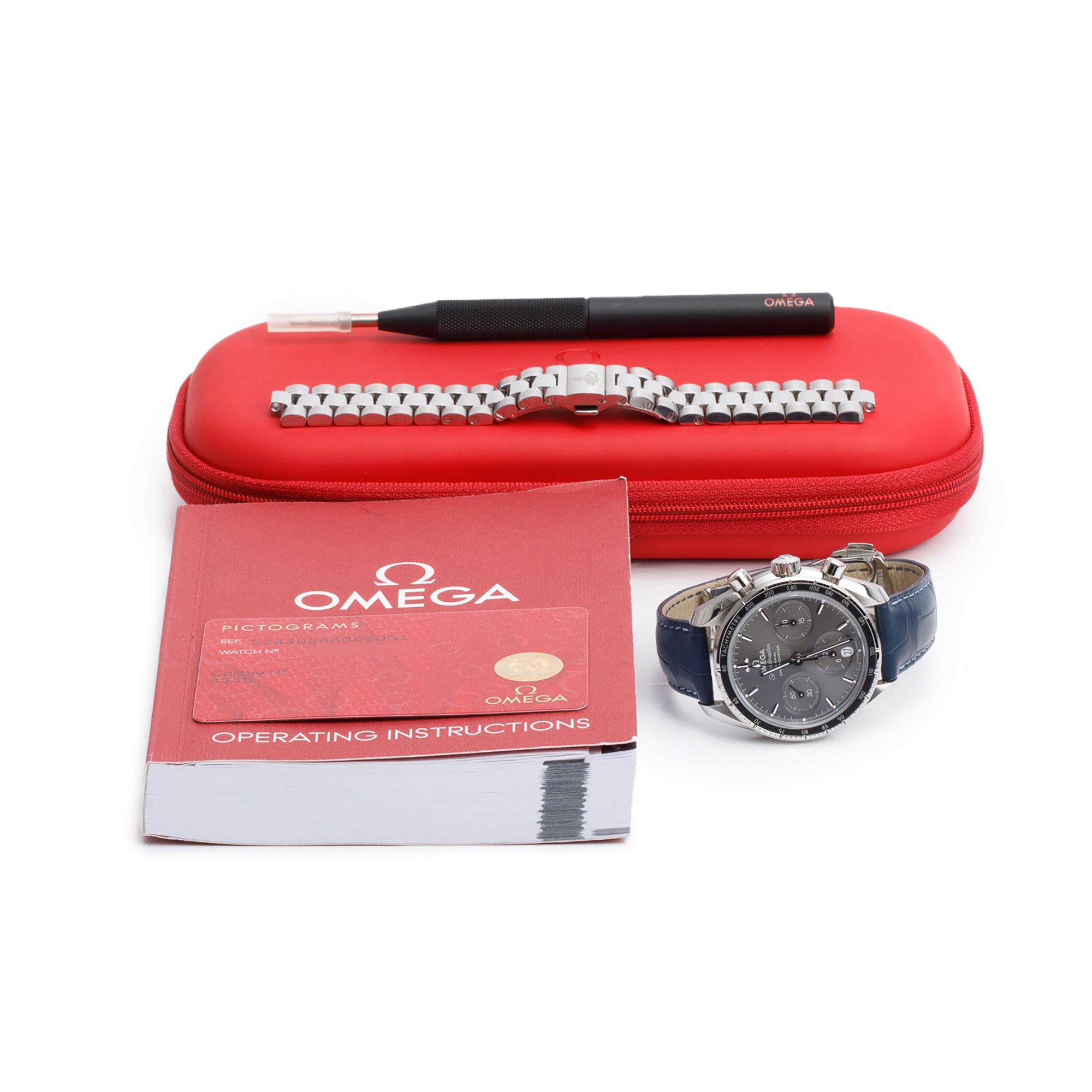 Omega Stainless Steel Speedmaster 38 MM Co-Axial Chronometer Chronograph Automatic Watch w/ Pouch, Papers & Extra Strap