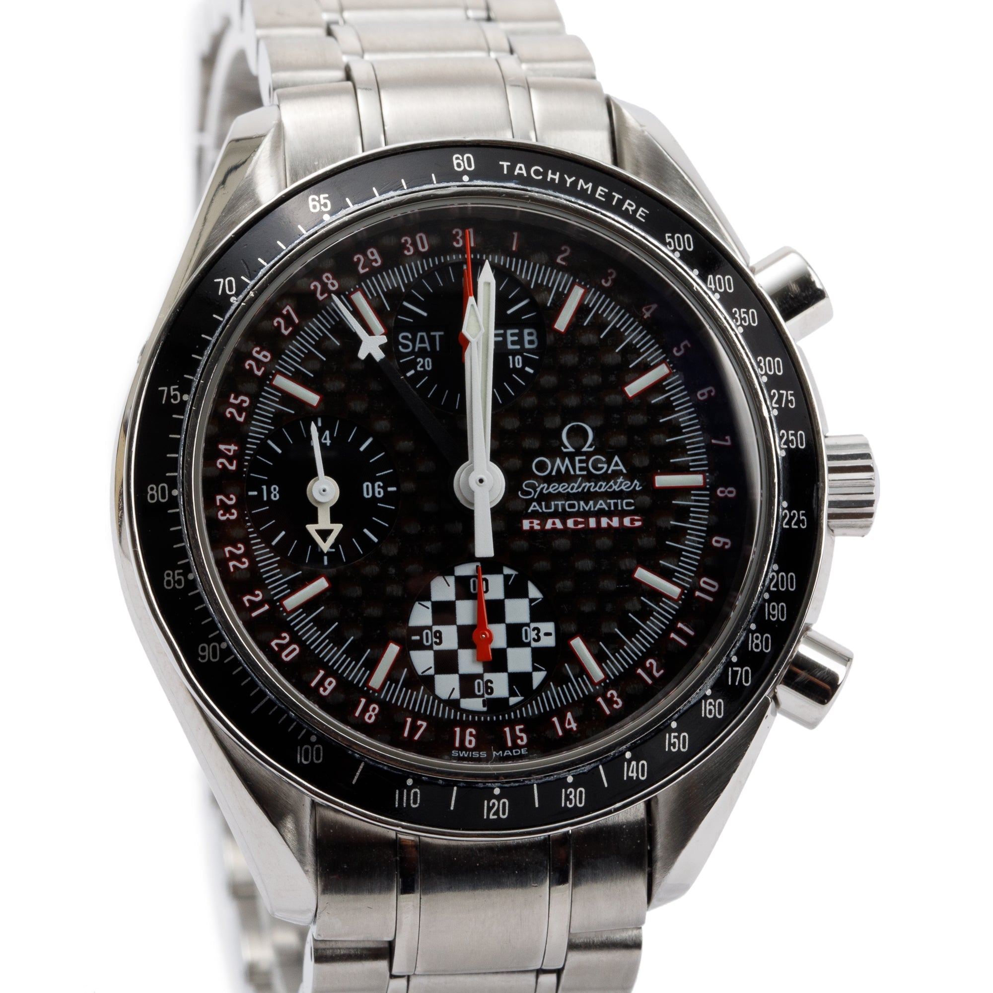 Omega Stainless Steel Speedmaster Day Date Schumacher Carbon Fibre Dial 39MM Automatic Chronograph Watch w/ Box & Papers
