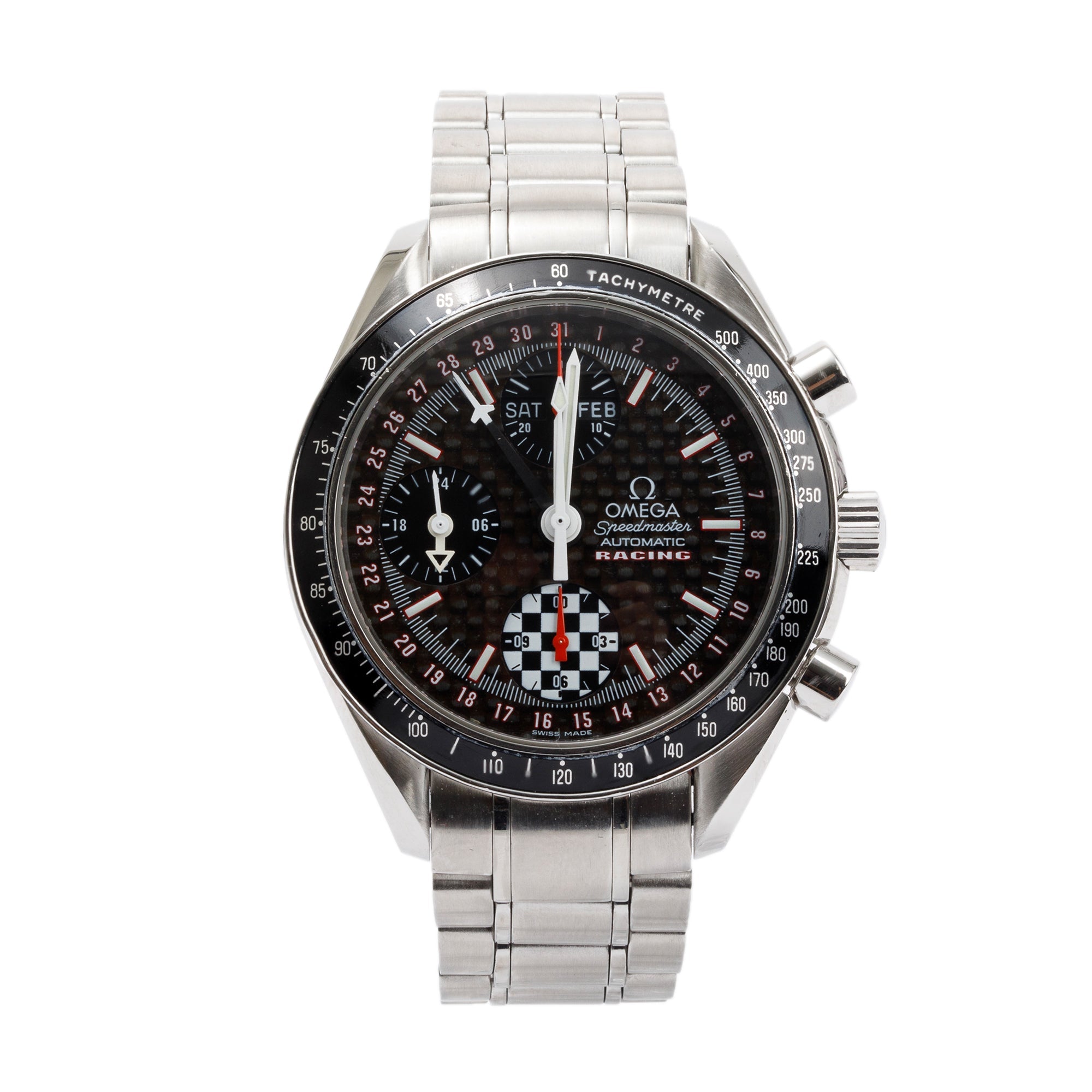 Omega Stainless Steel Speedmaster Day Date Schumacher Carbon Fibre Dial 39MM Automatic Chronograph Watch w/ Box & Papers