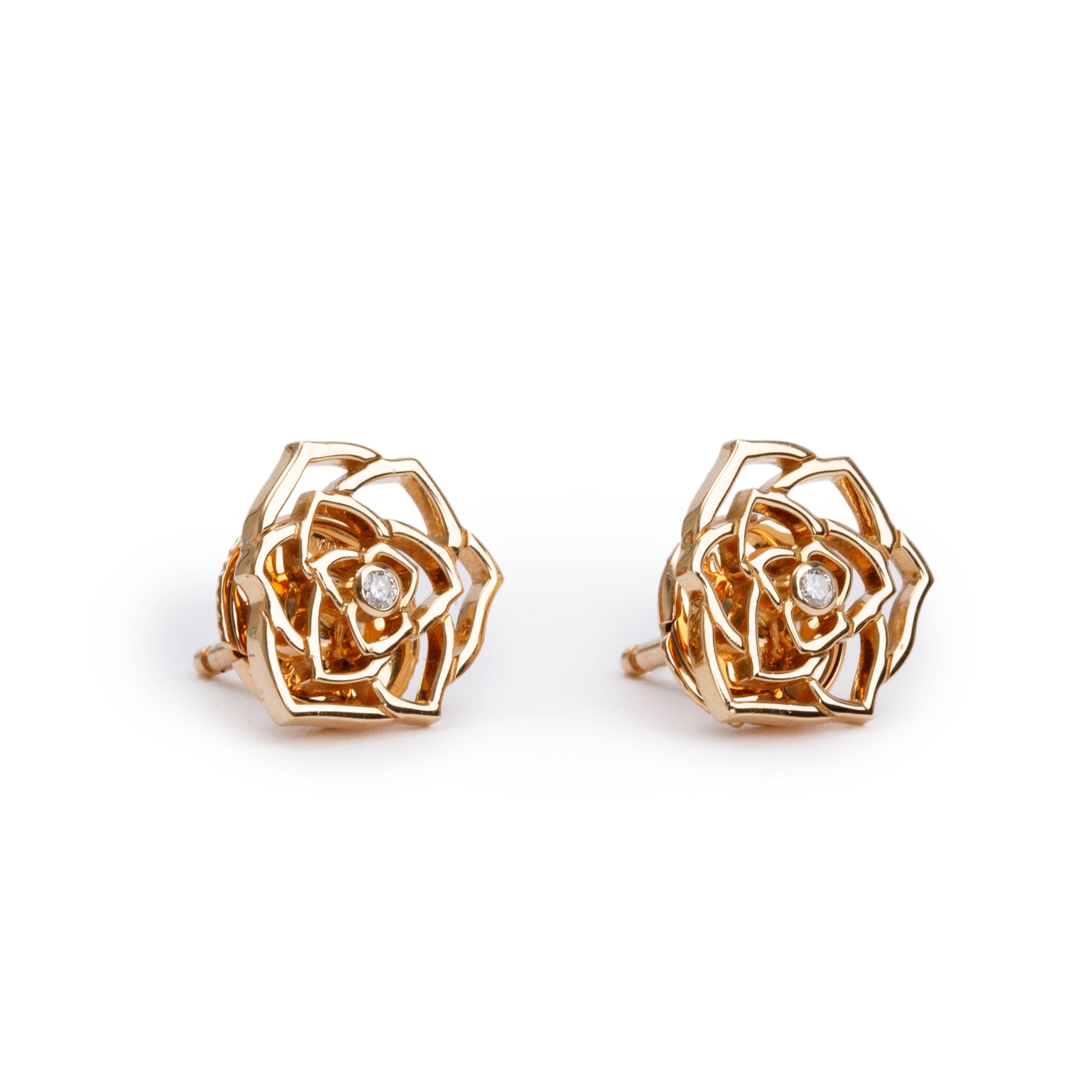 Piaget 18k Rose Gold Diamond Rose Earrings w/ Box