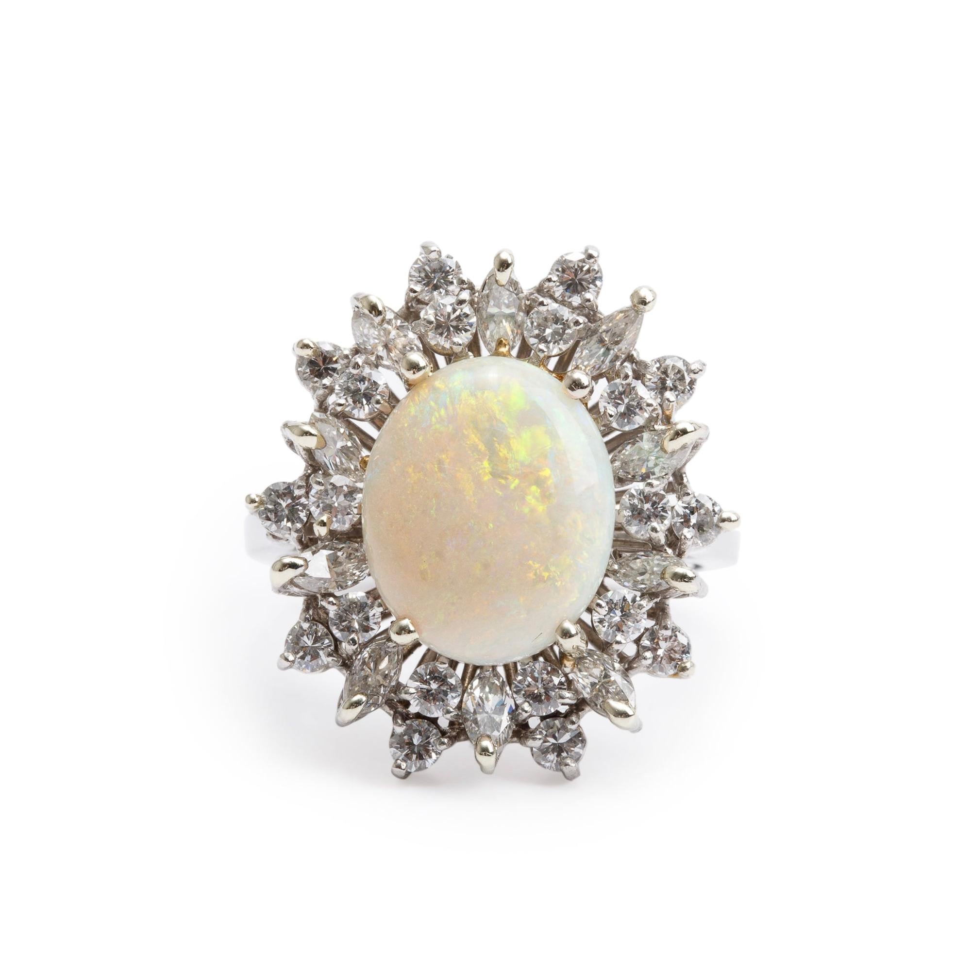 Platinum Opal and Diamond Cocktail Ring, Size 5.25