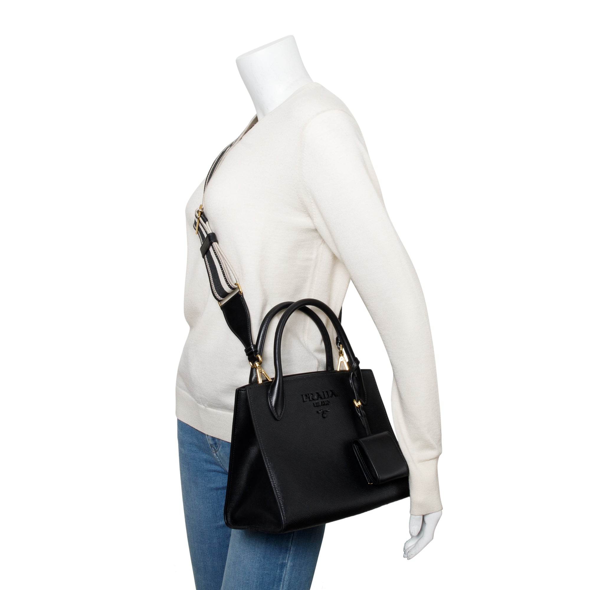 Prada 2022 Black Saffiano Cuir Small Monochrome Top Handle Tote w/ Strap & Authenticity Card