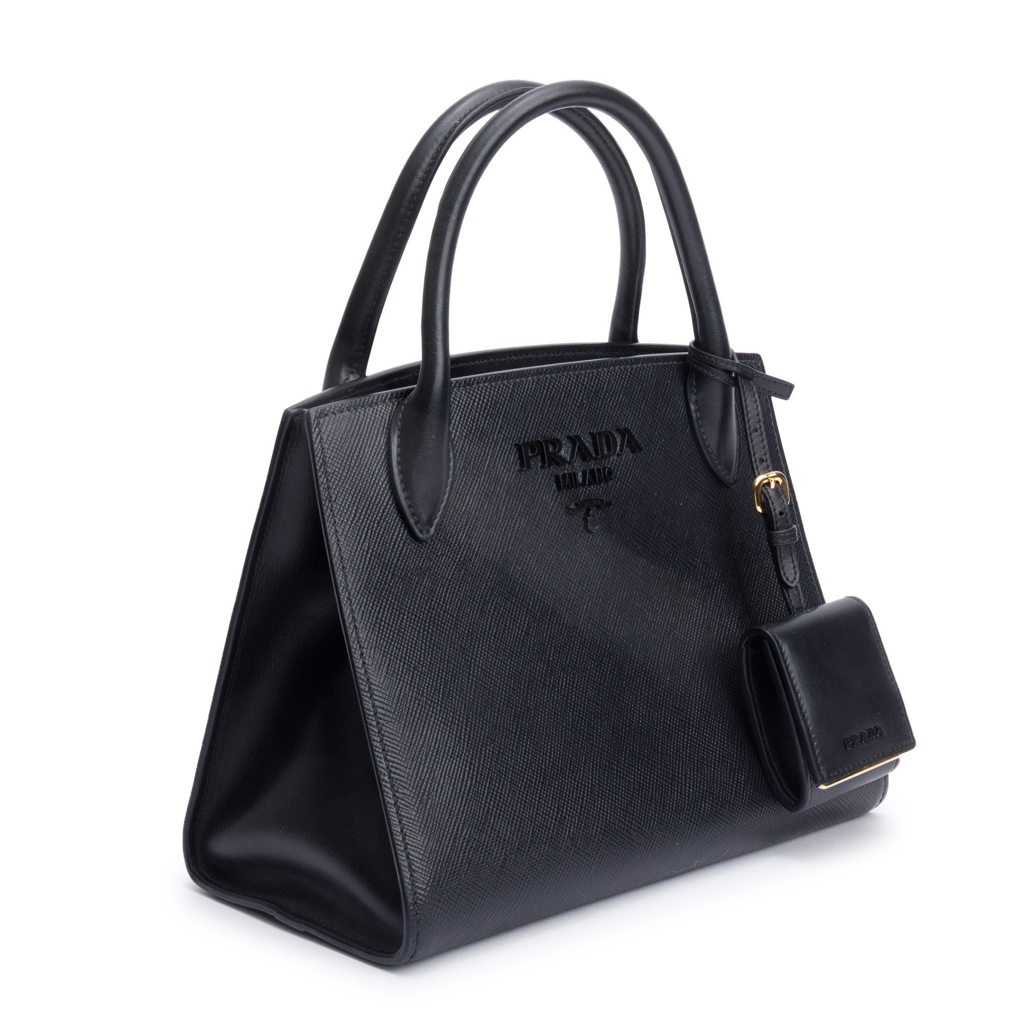 Prada 2022 Black Saffiano Cuir Small Monochrome Top Handle Tote w/ Strap & Authenticity Card
