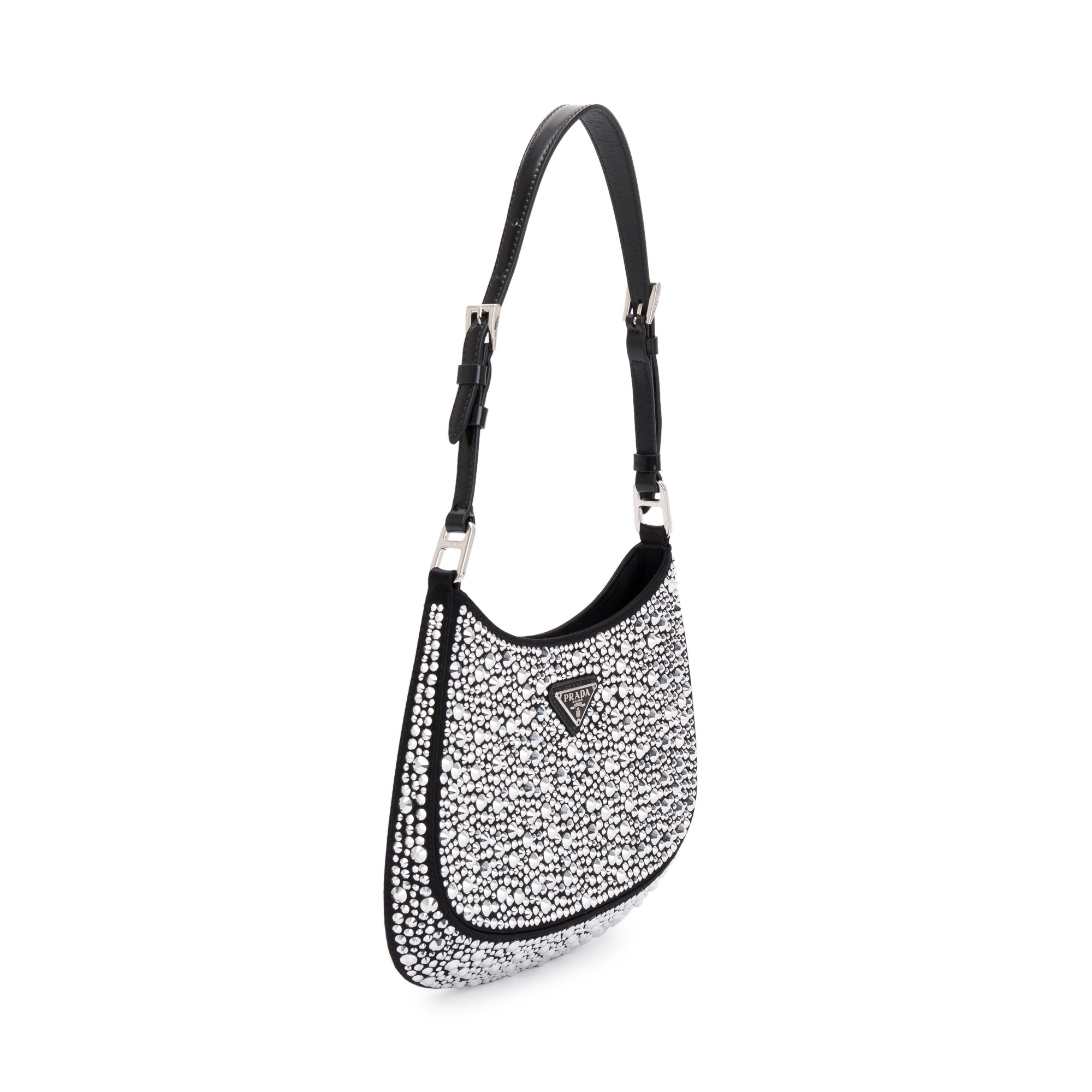 Prada 2022 Black Satin Crystal Cleo Shoulder Bag w/ Authenticity Card & Strap