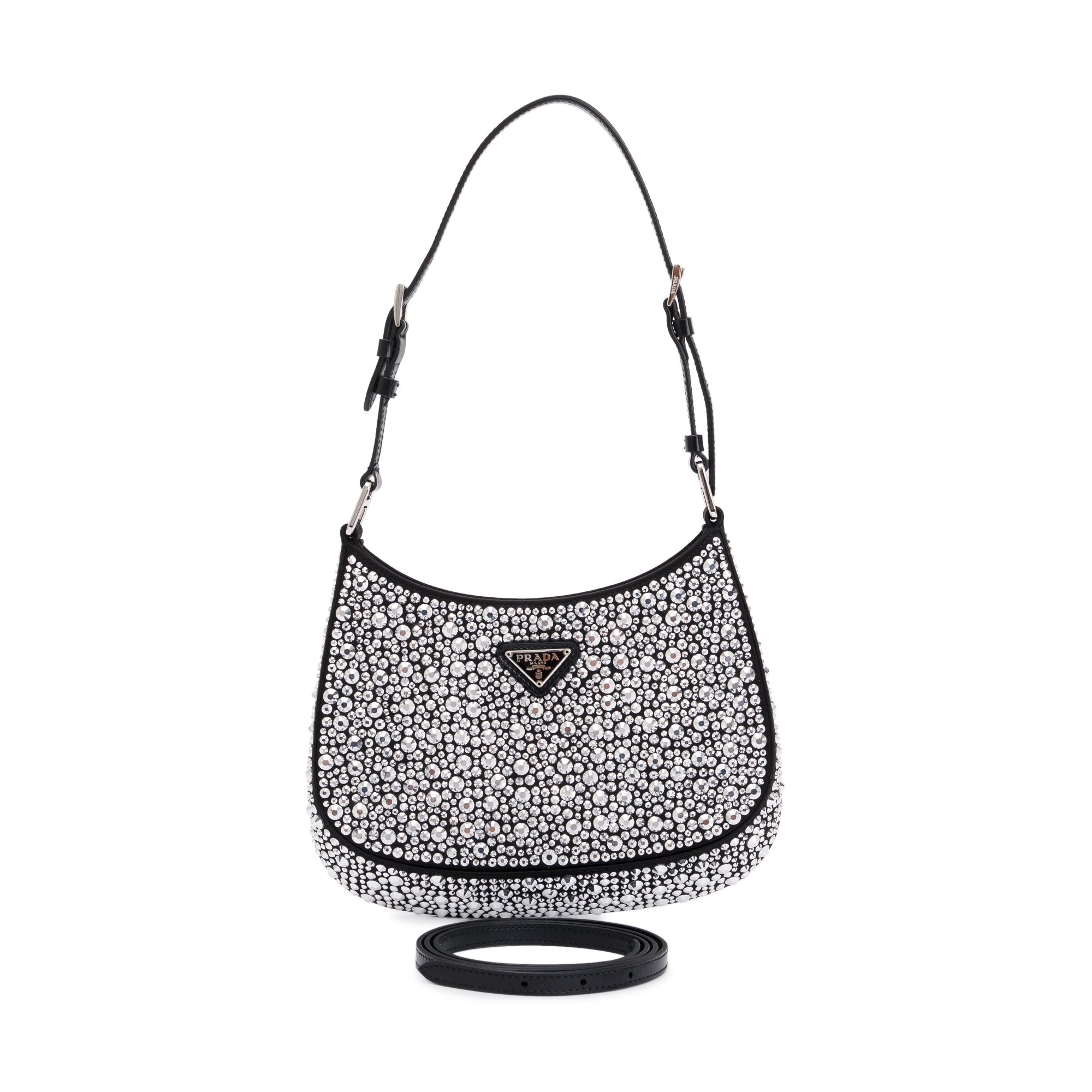 Prada 2022 Black Satin Crystal Cleo Shoulder Bag w/ Authenticity Card & Strap