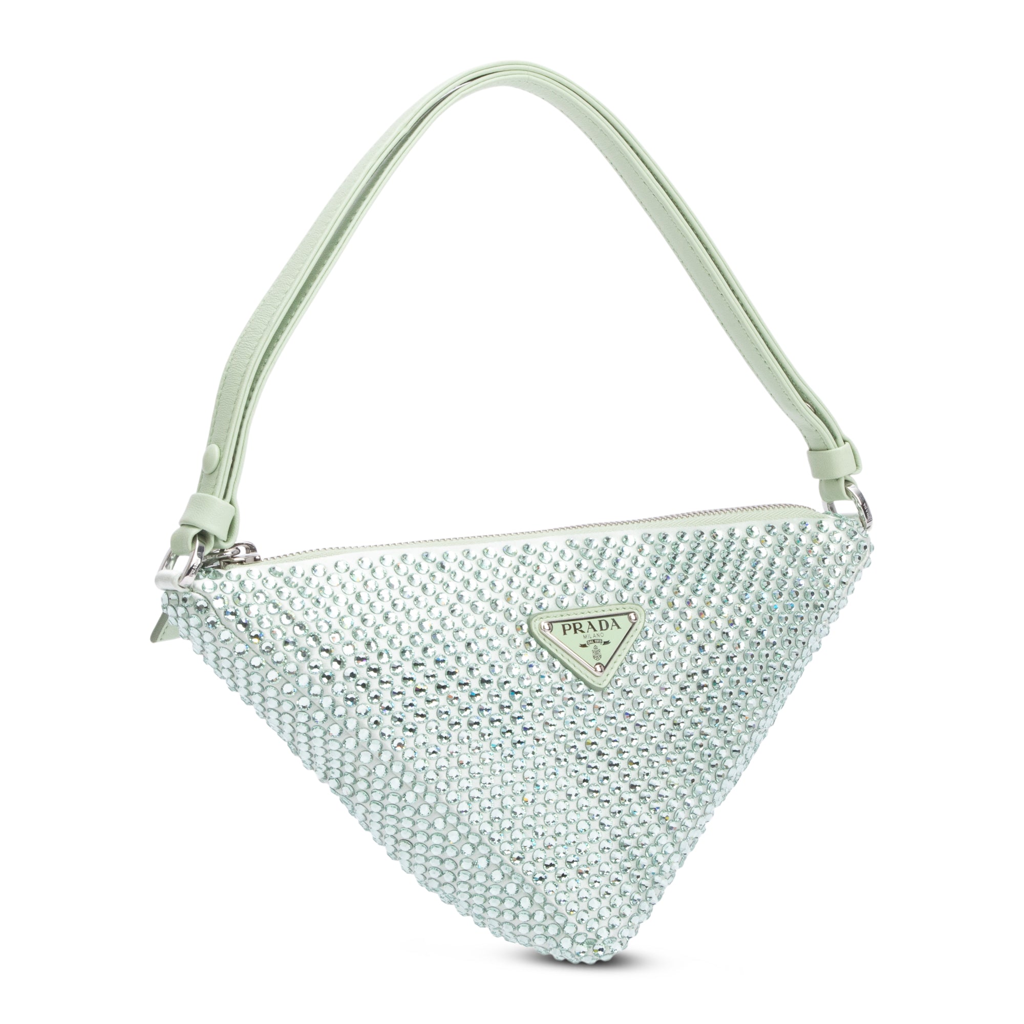 Prada 2022 Green Satin Crystal Enamel Triangle Bag w/ Authenticity Card