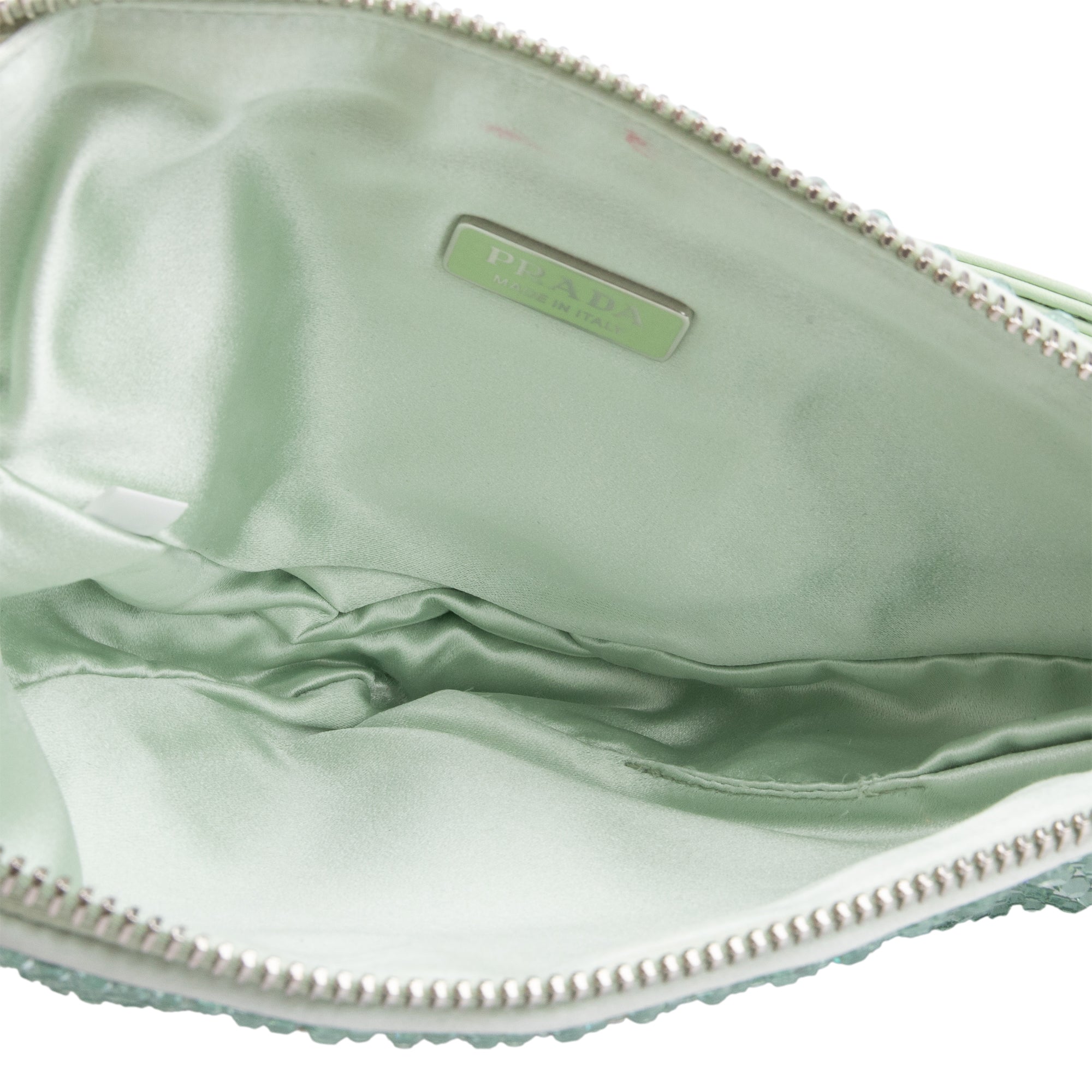 Prada 2022 Green Satin Crystal Enamel Triangle Bag w/ Authenticity Card