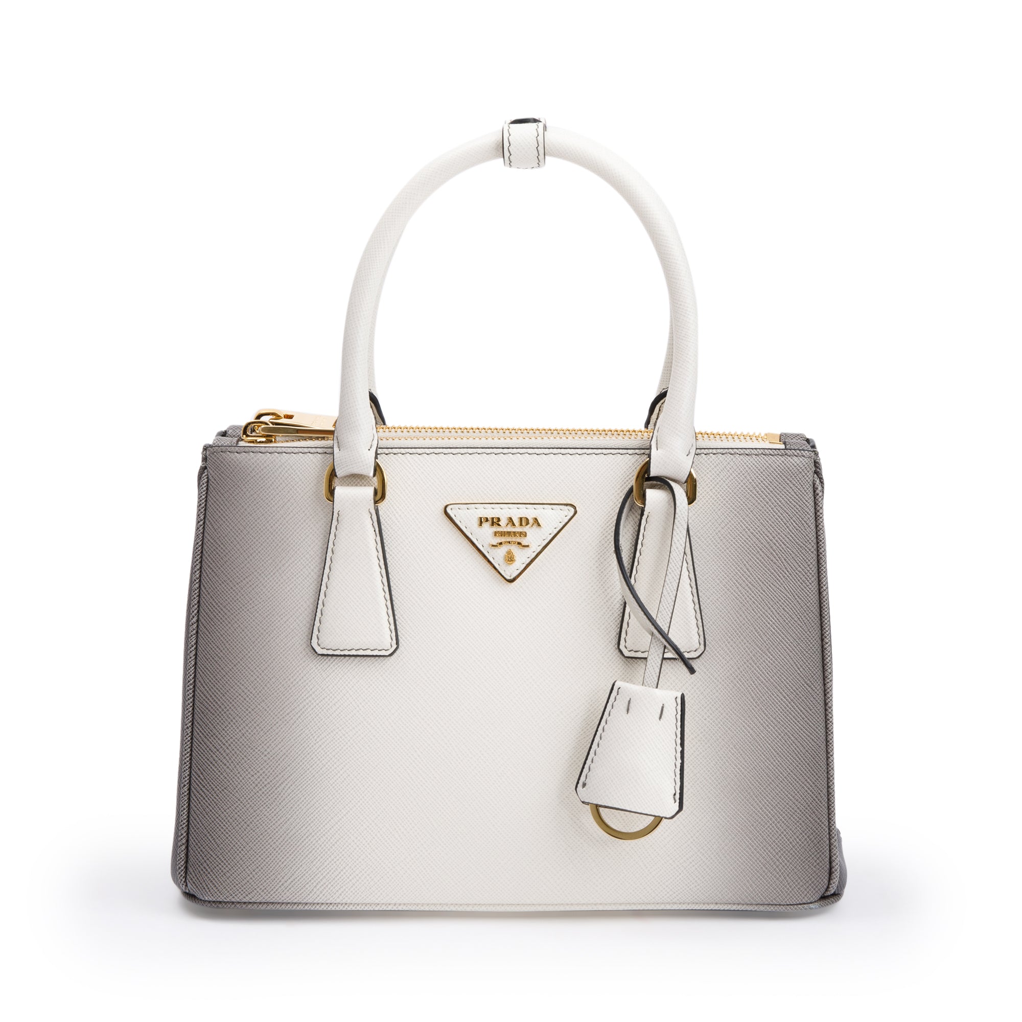 Prada 2023 White Ombre Saffiano Small Double Zip Galleria Tote w/ Strap, Receipt & Box
