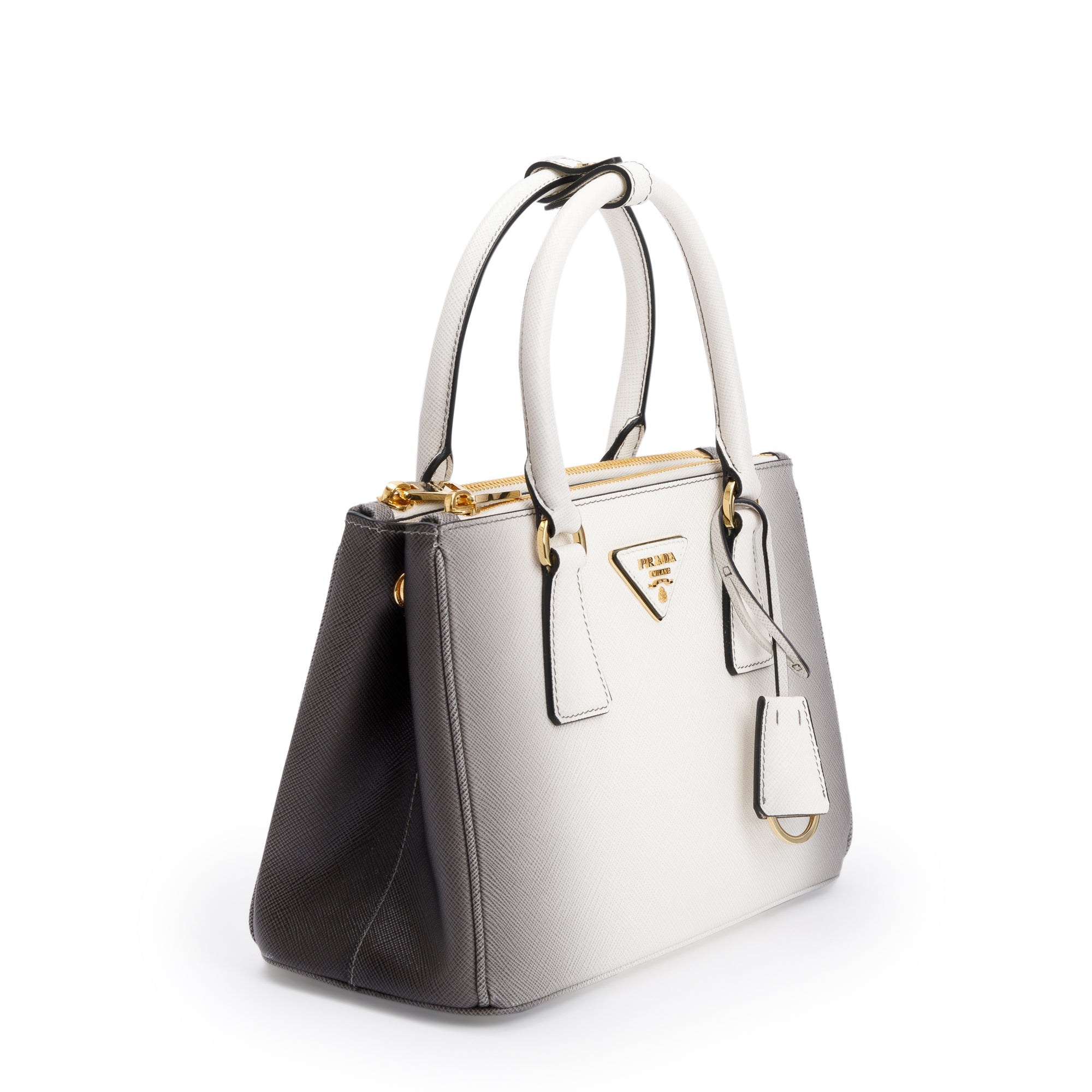 Prada 2023 White Ombre Saffiano Small Double Zip Galleria Tote w/ Strap, Receipt & Box