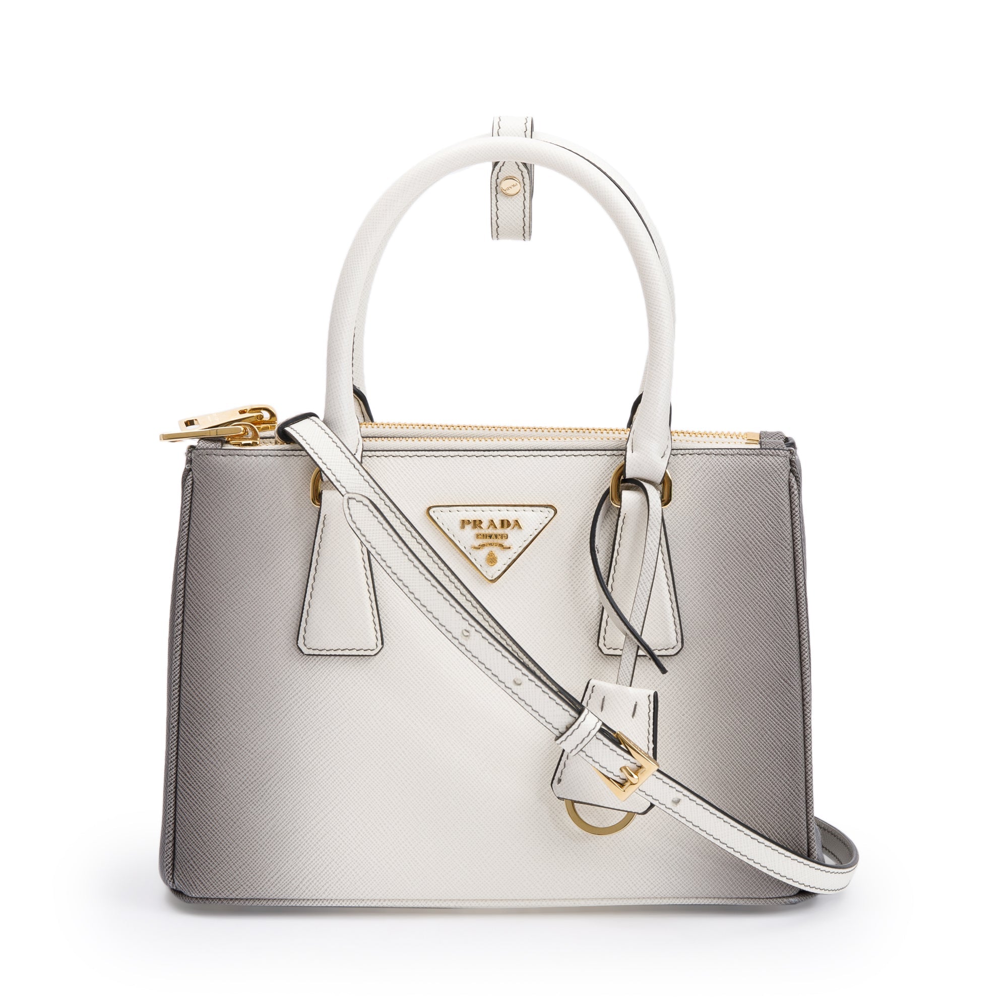 Prada 2023 White Ombre Saffiano Small Double Zip Galleria Tote w/ Strap, Receipt & Box