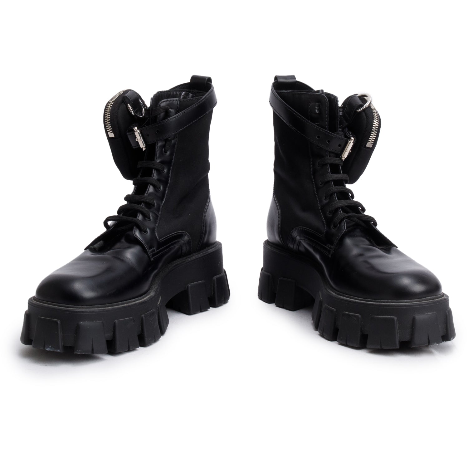 Prada Black Monolith Leather and Re-Nylon Boots with Pouch, Men’s Size 40.5