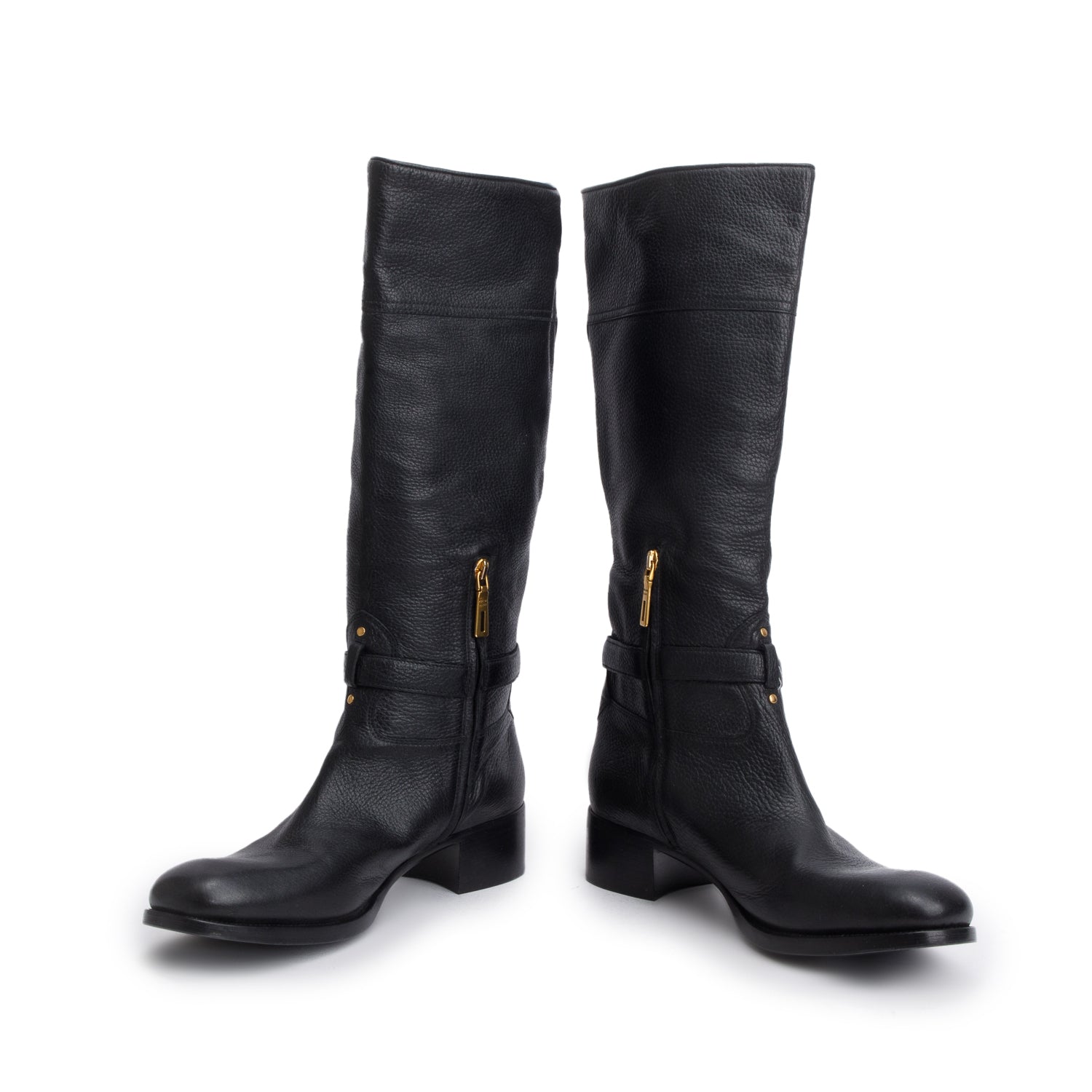 Prada Black Pebbled Leather Riding Boots, Women's Size 42