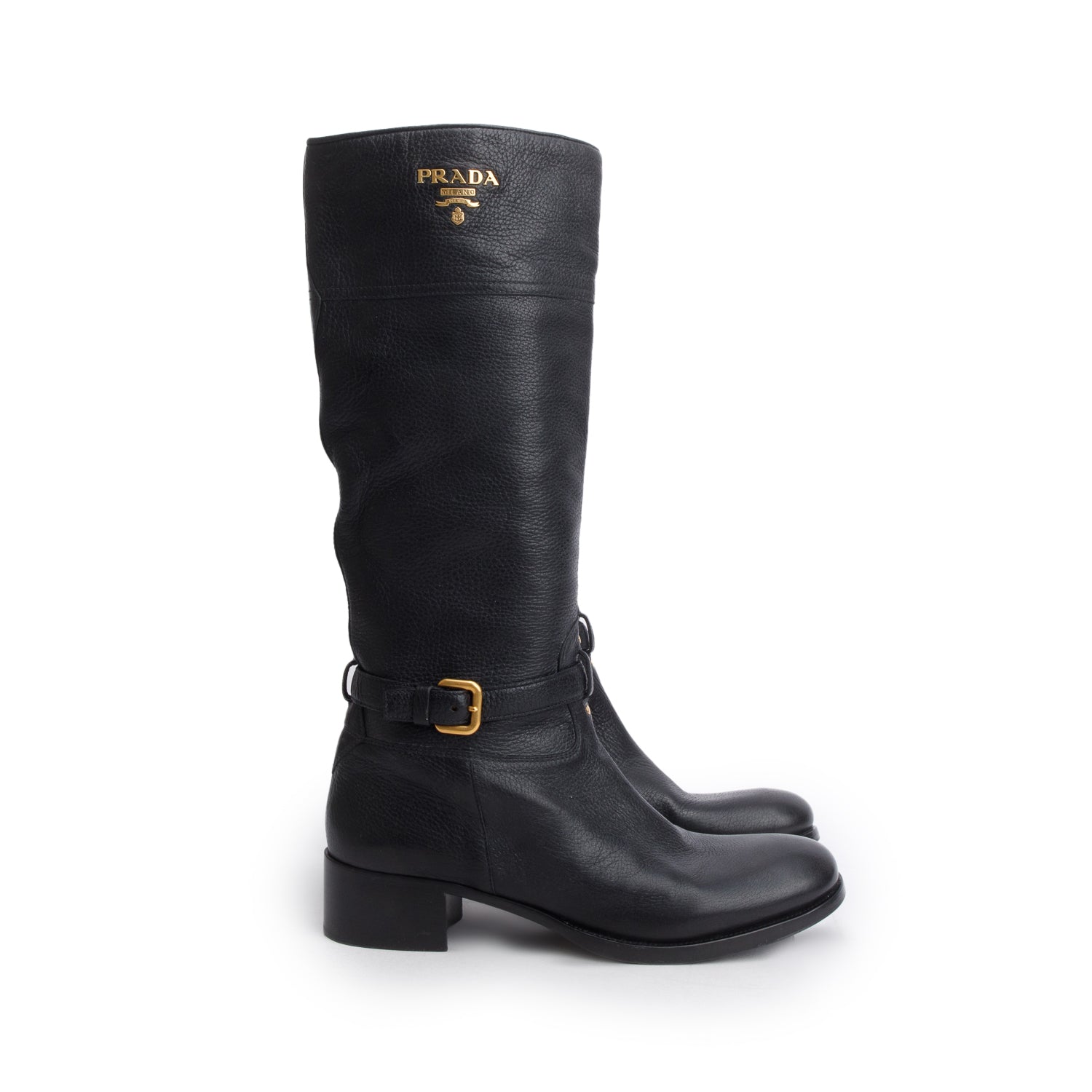 Prada Black Pebbled Leather Riding Boots, Women's Size 42