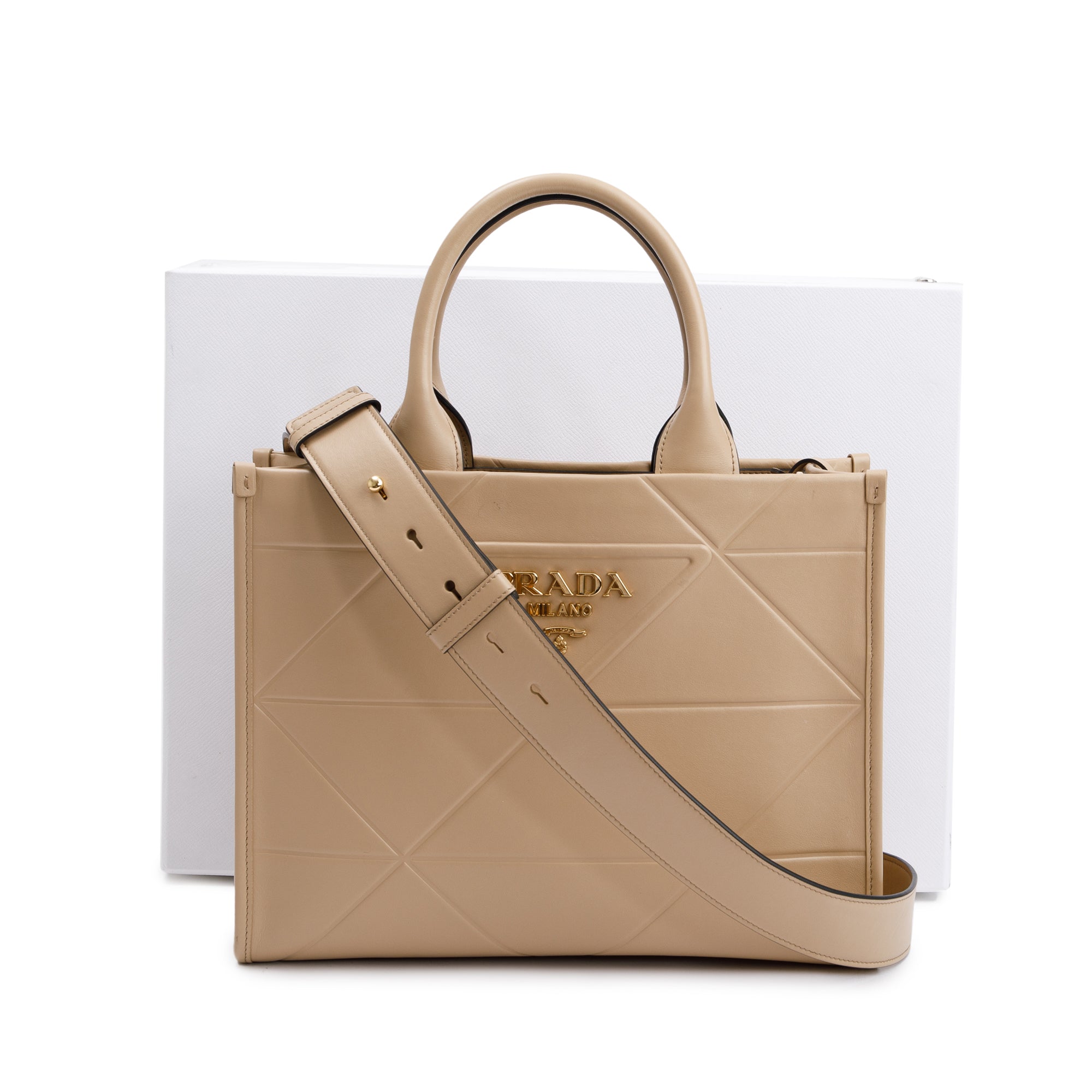 Prada Beige Leather Small Symbole Tote Bag w/ Strap & Box