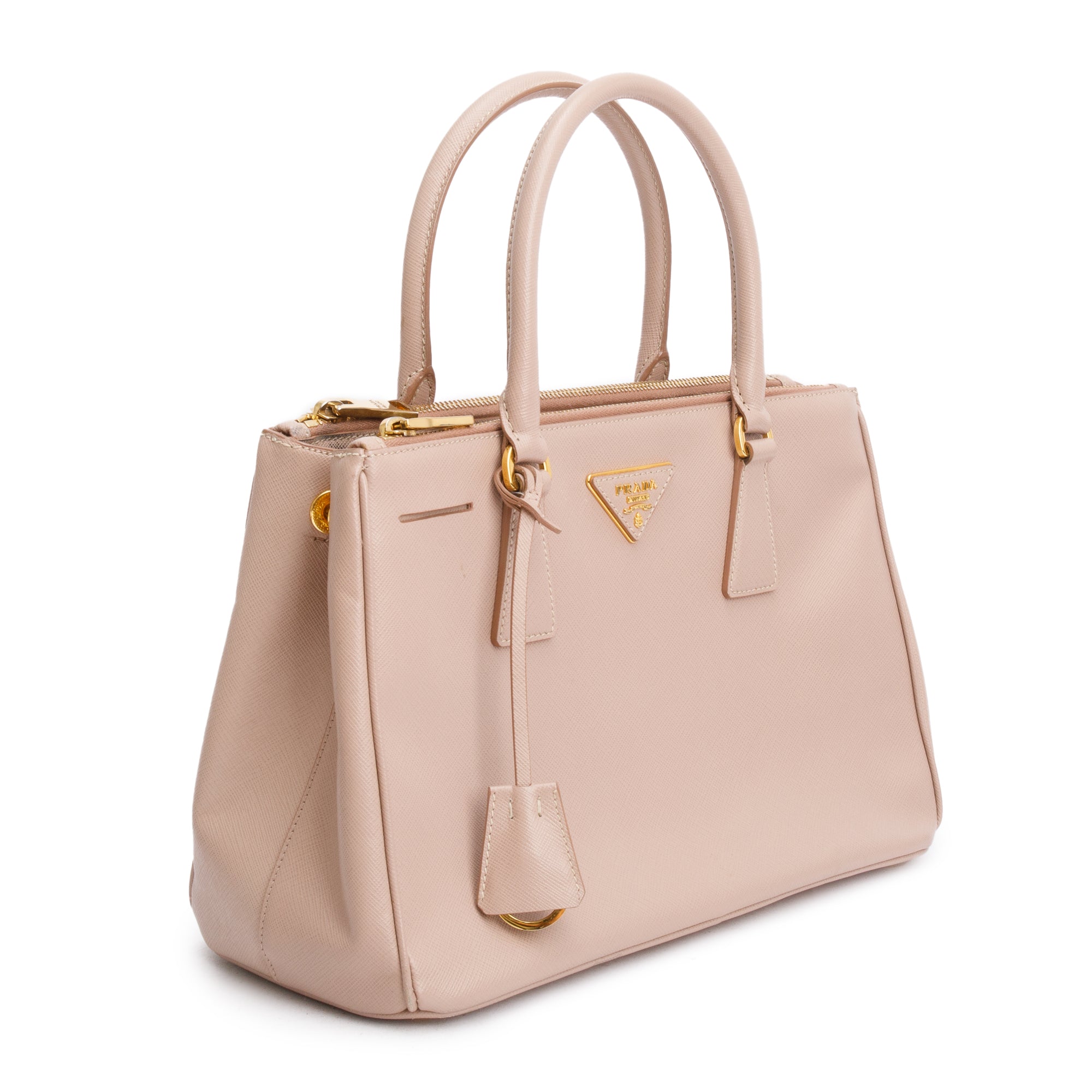 Prada Beige Saffiano Leather Small Double Zip Galleria Tote w/ Strap