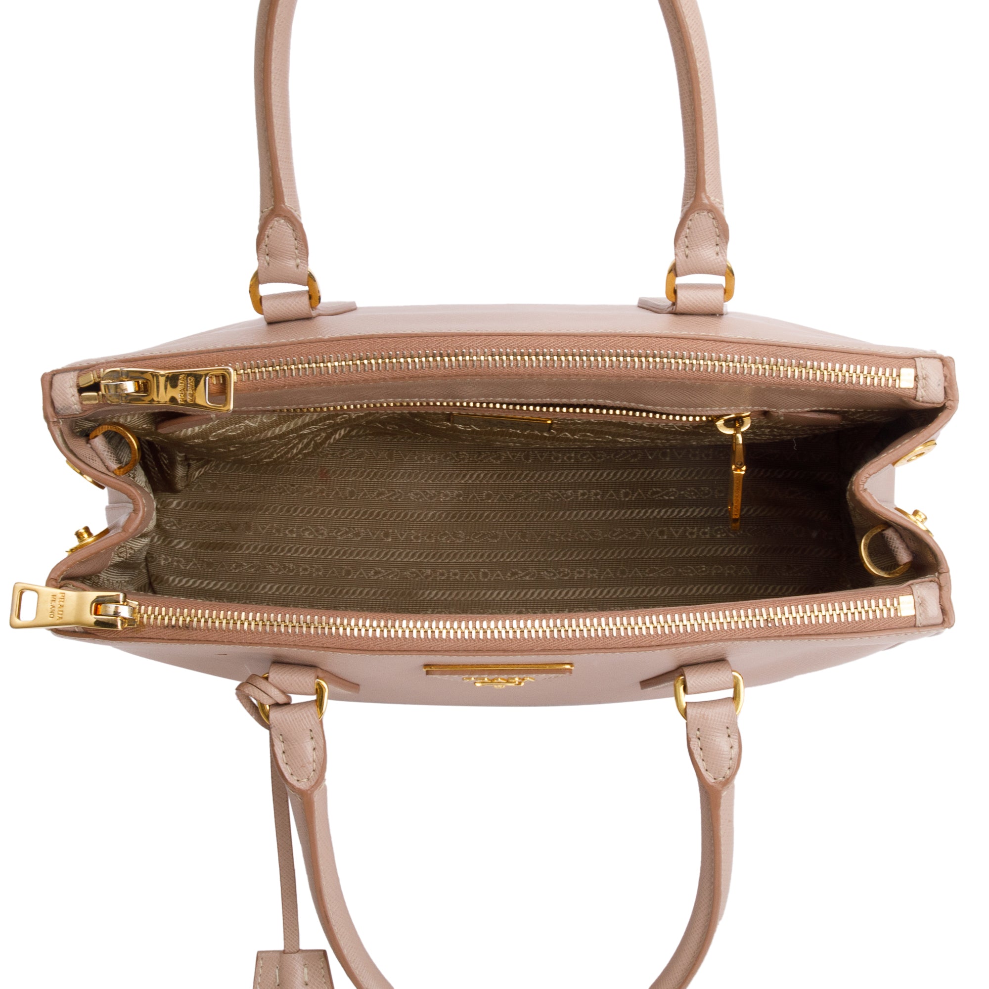 Prada Beige Saffiano Leather Small Double Zip Galleria Tote w/ Strap