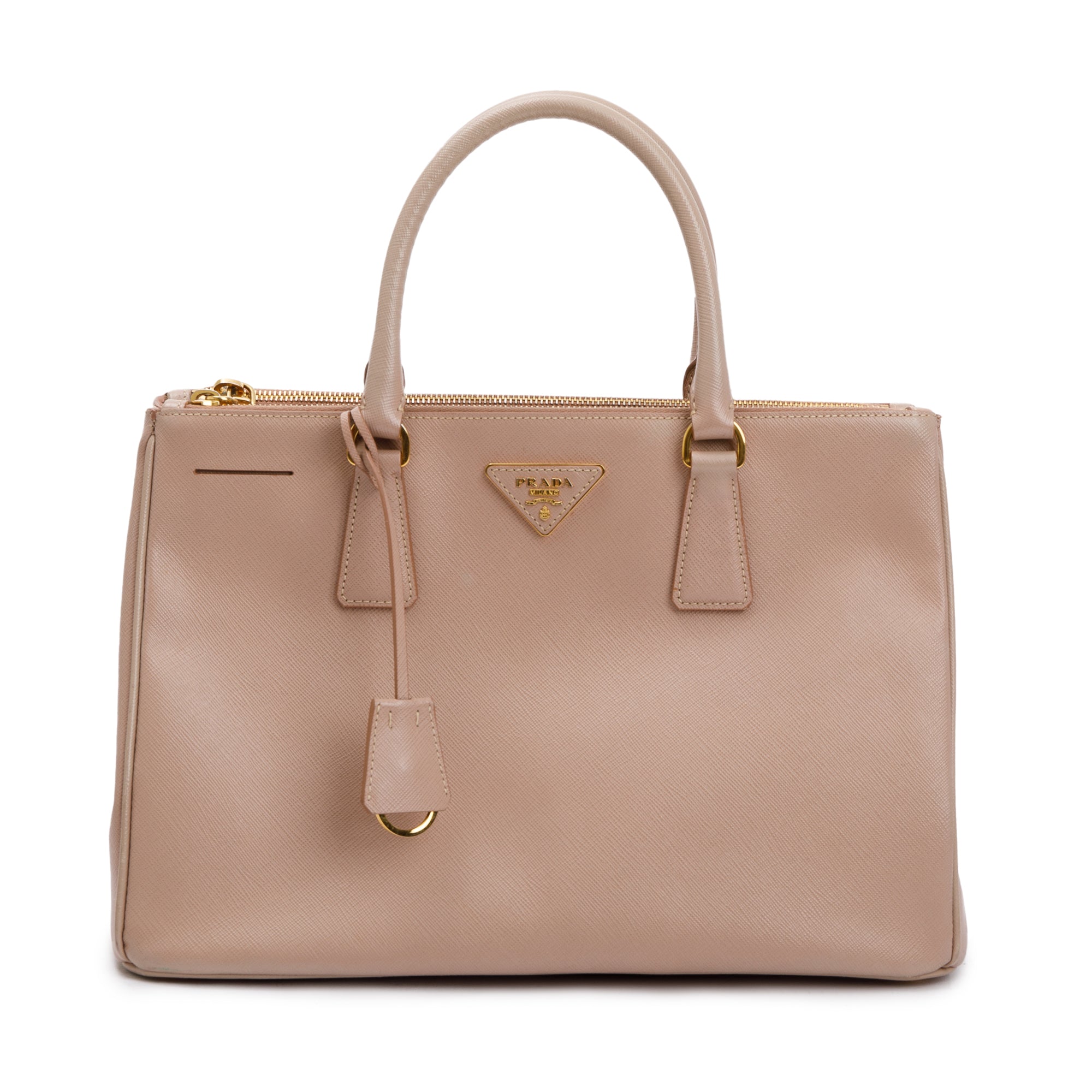 Prada Beige Saffiano Lux Medium Double Zip Galleria Tote w/ Strap