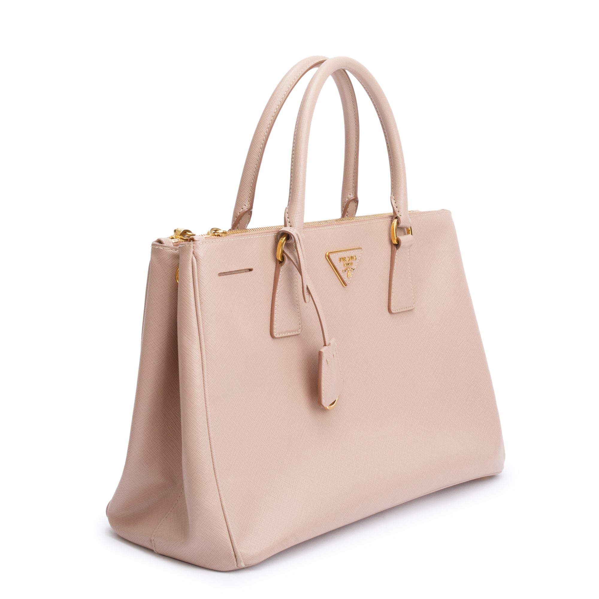 Prada Beige Saffiano Lux Medium Double Zip Galleria Tote w/ Strap & Authenticity Card