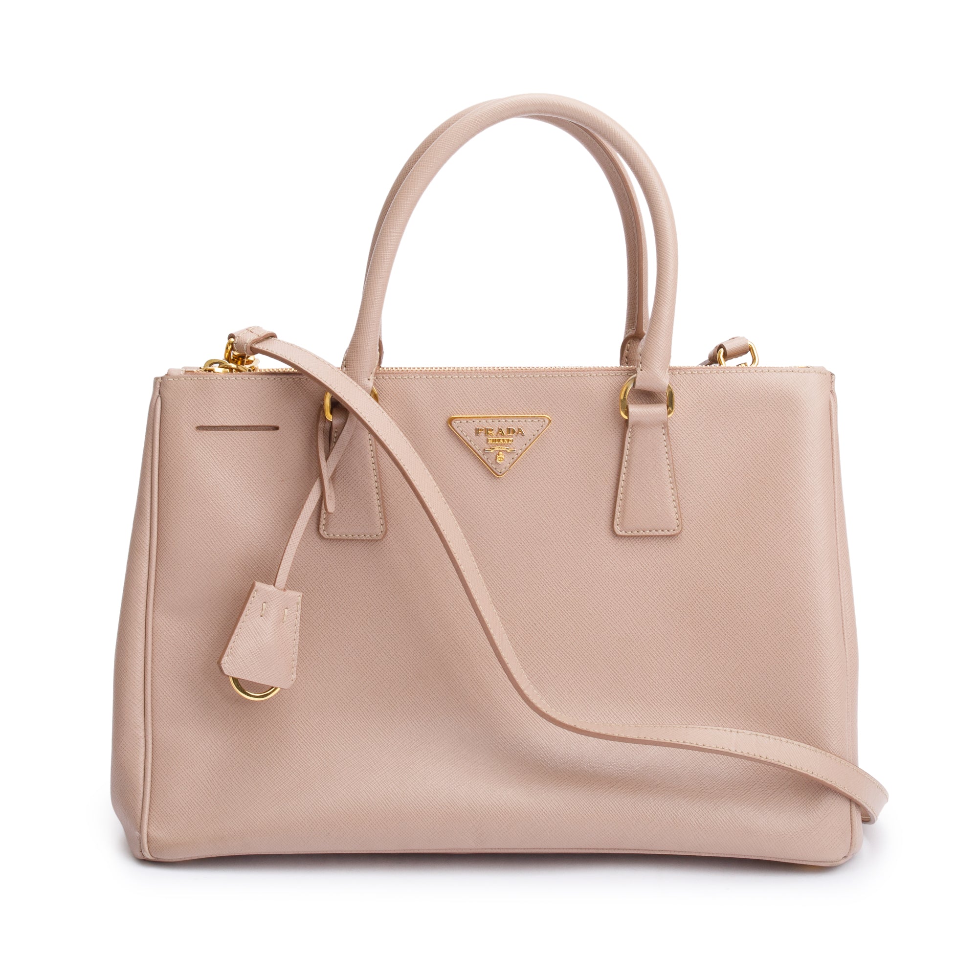 Prada Beige Saffiano Lux Medium Double Zip Galleria Tote w/ Strap & Authenticity Card