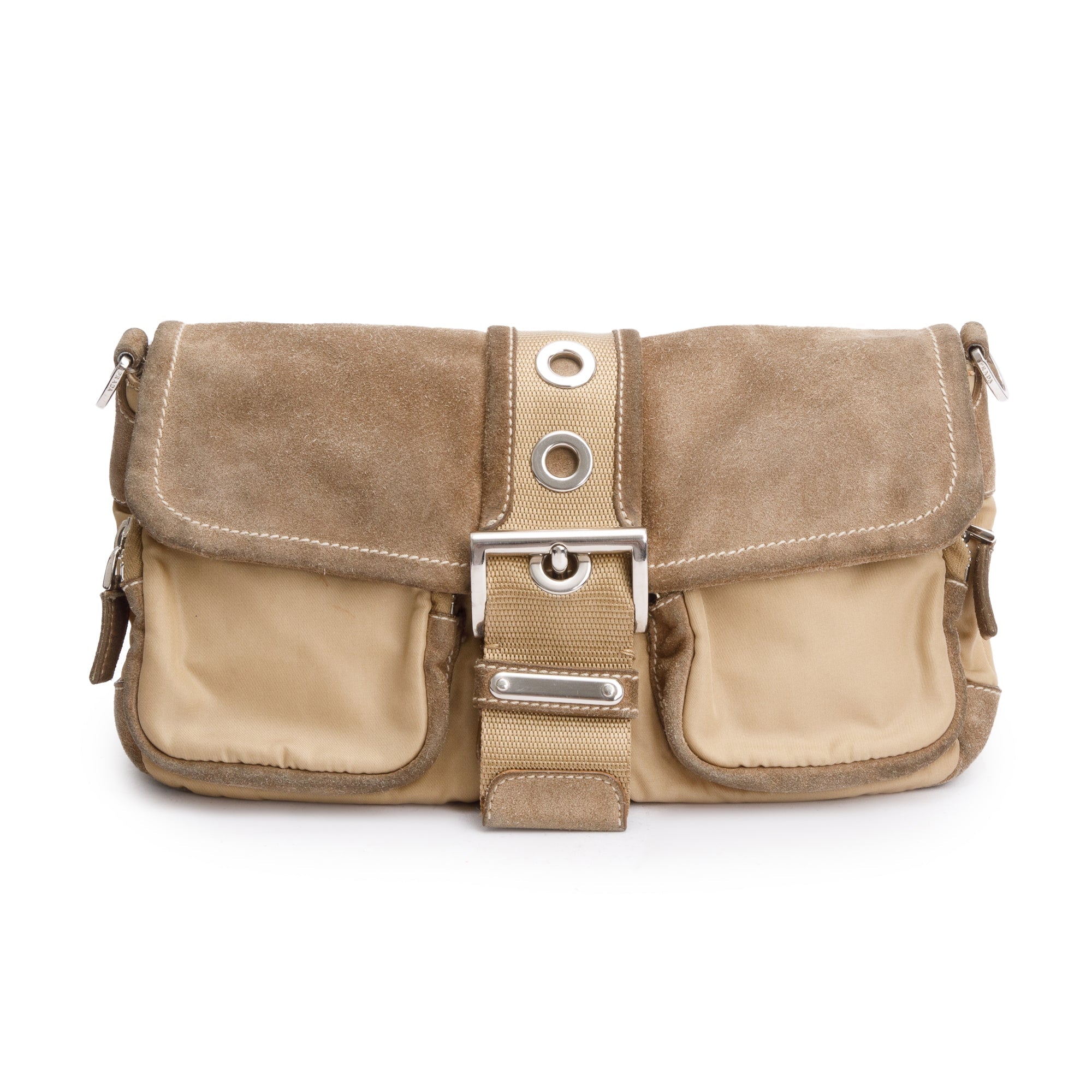 Prada Beige Suede Trim Nylon Buckle Flap Bag