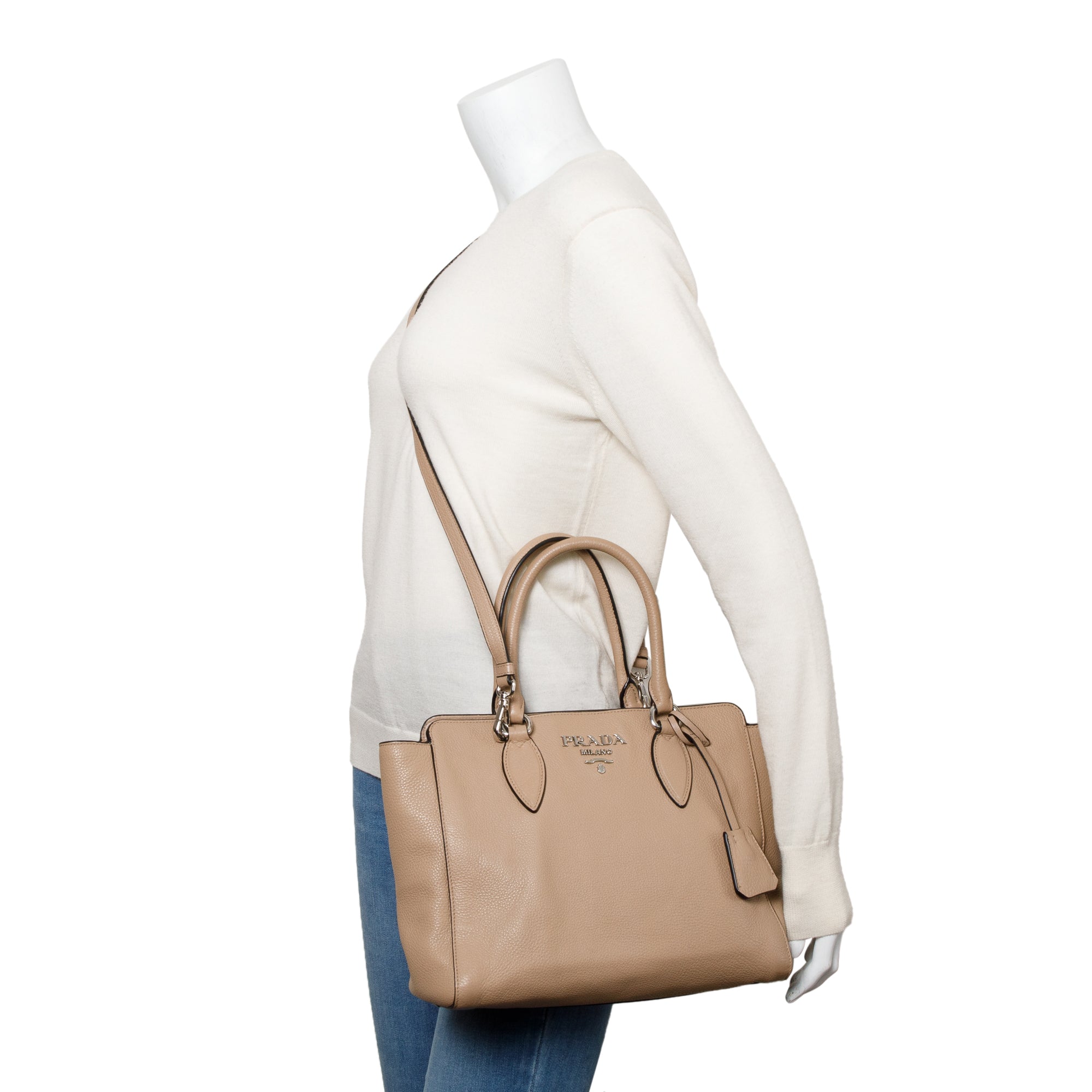 Prada Beige Vitello Phenix Two-Way Zip Tote w/ Strap