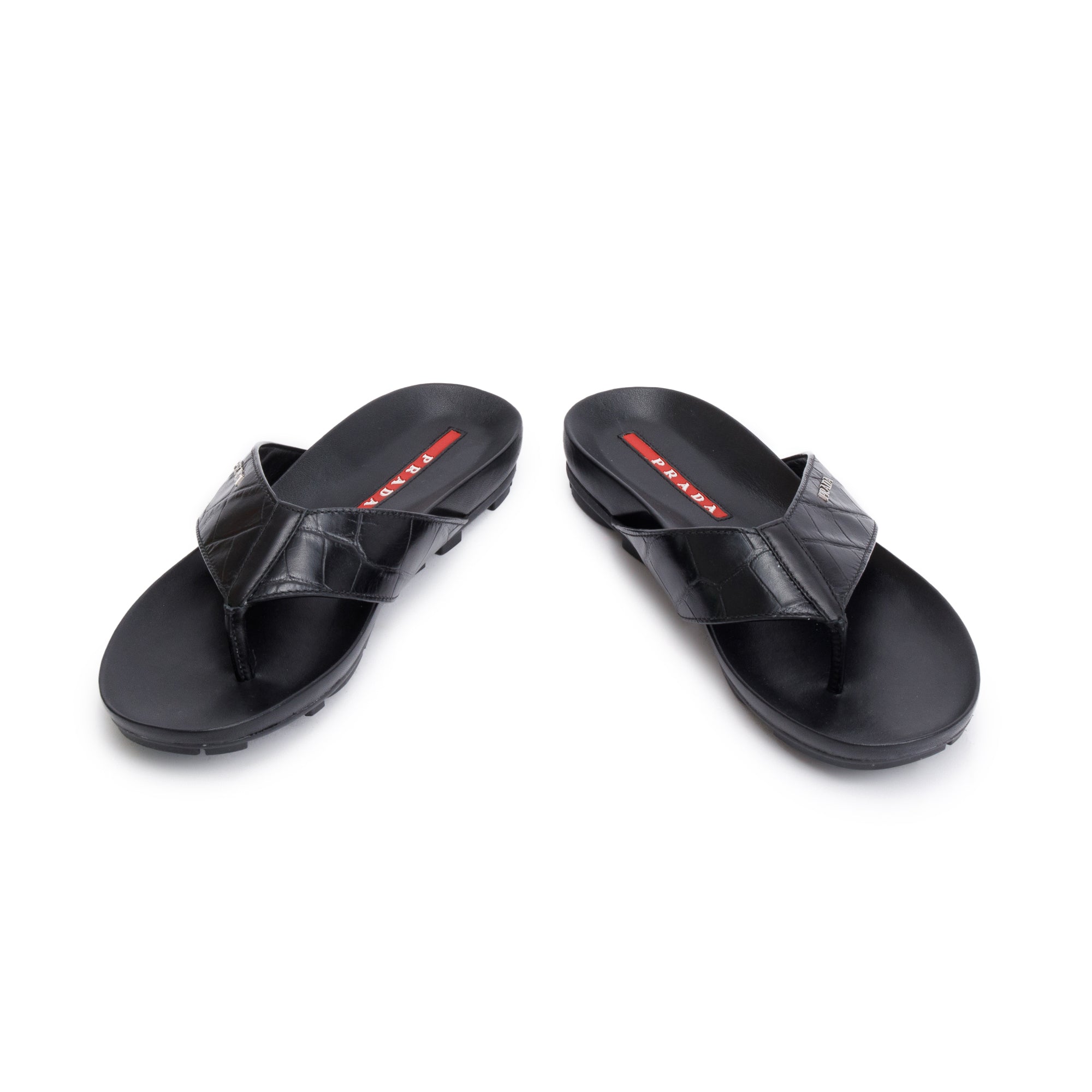 Prada Black Embossed Leather Mens Thong Slide Sandals, Size 7 w/ Box & Authenticity Card