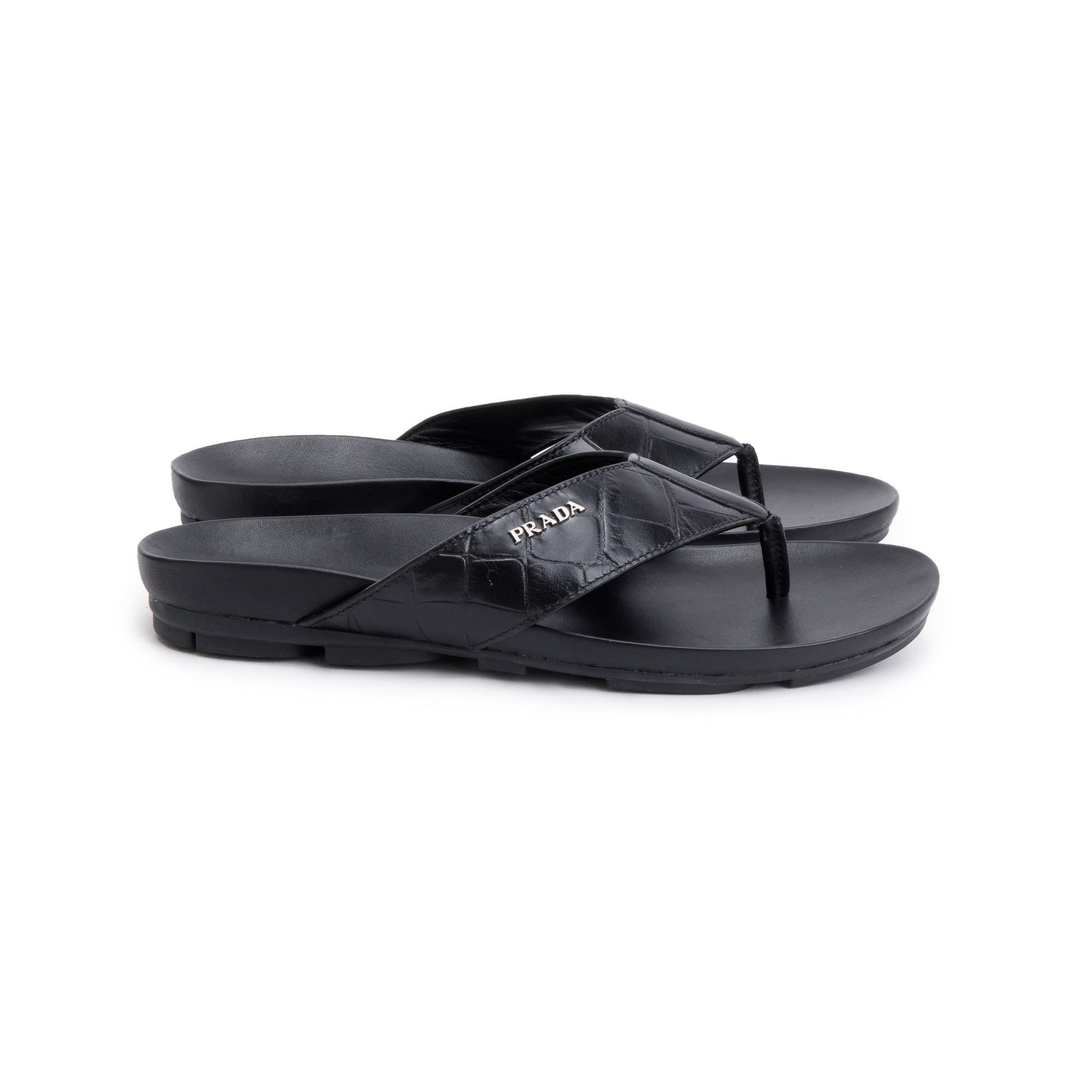 Prada Black Embossed Leather Mens Thong Slide Sandals, Size 7 w/ Box & Authenticity Card