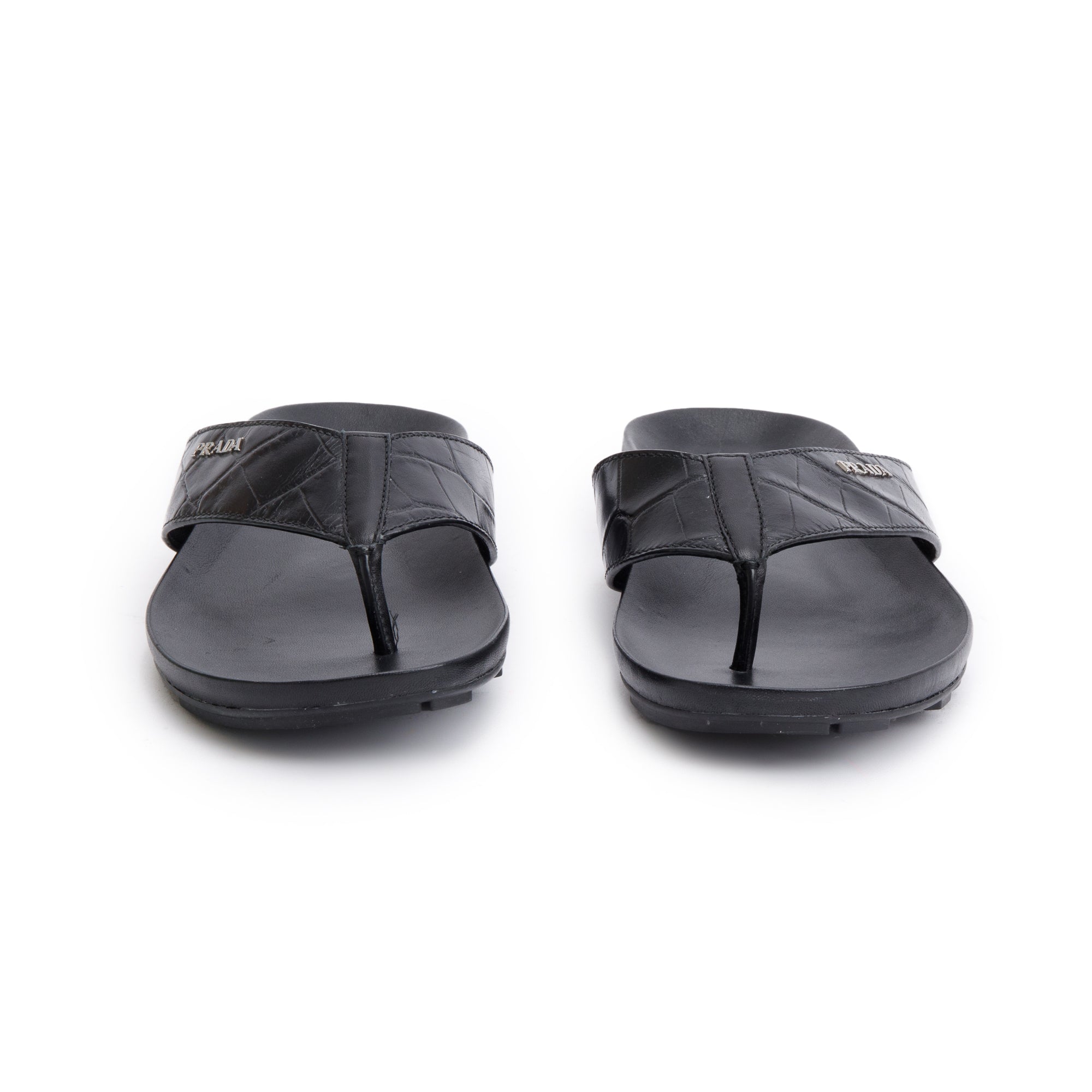 Prada Black Embossed Leather Mens Thong Slide Sandals, Size 7 w/ Box & Authenticity Card