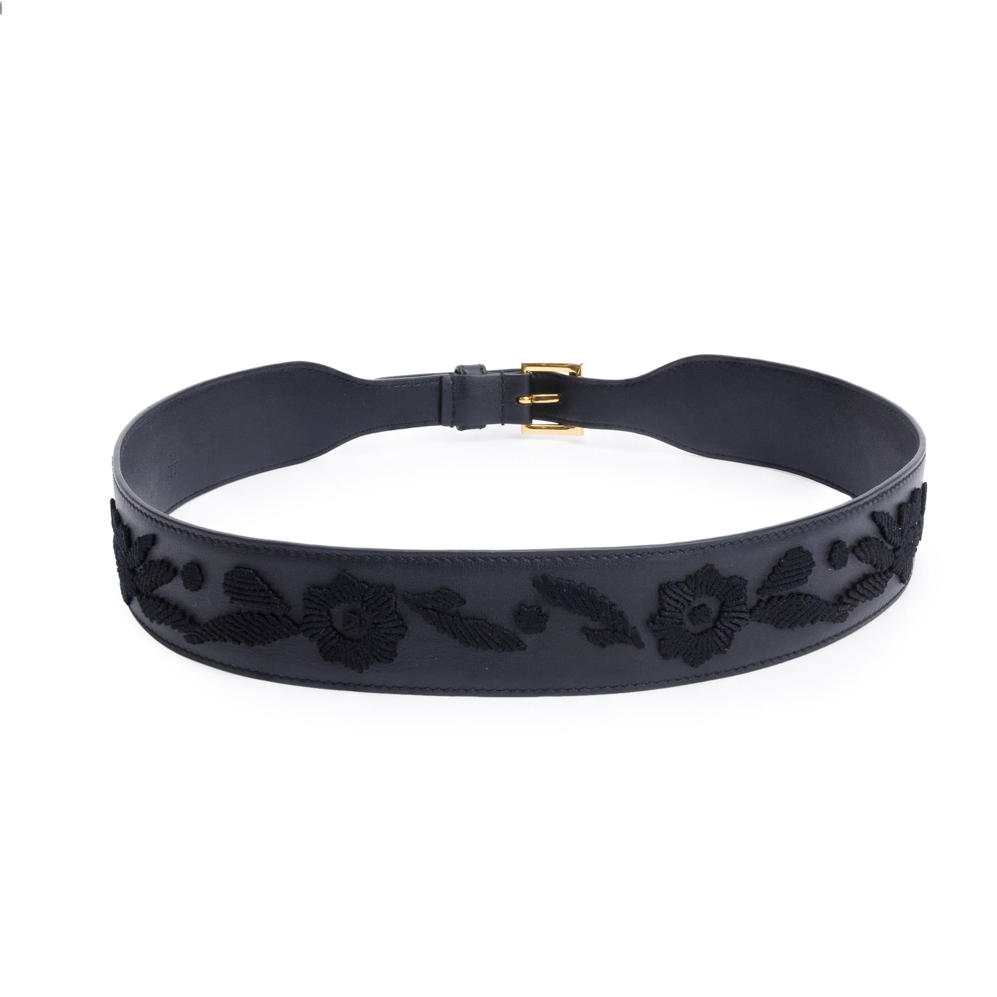 Prada Black Embroidered Calf Leather Belt 75 30