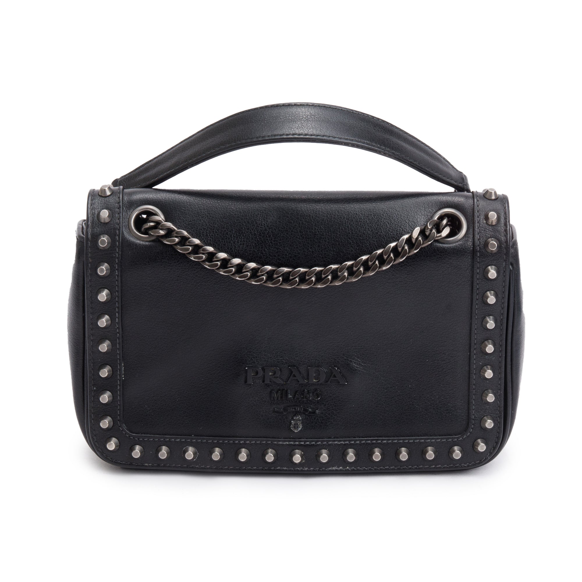 Prada Black Glace Calf Studded Crossbody Bag