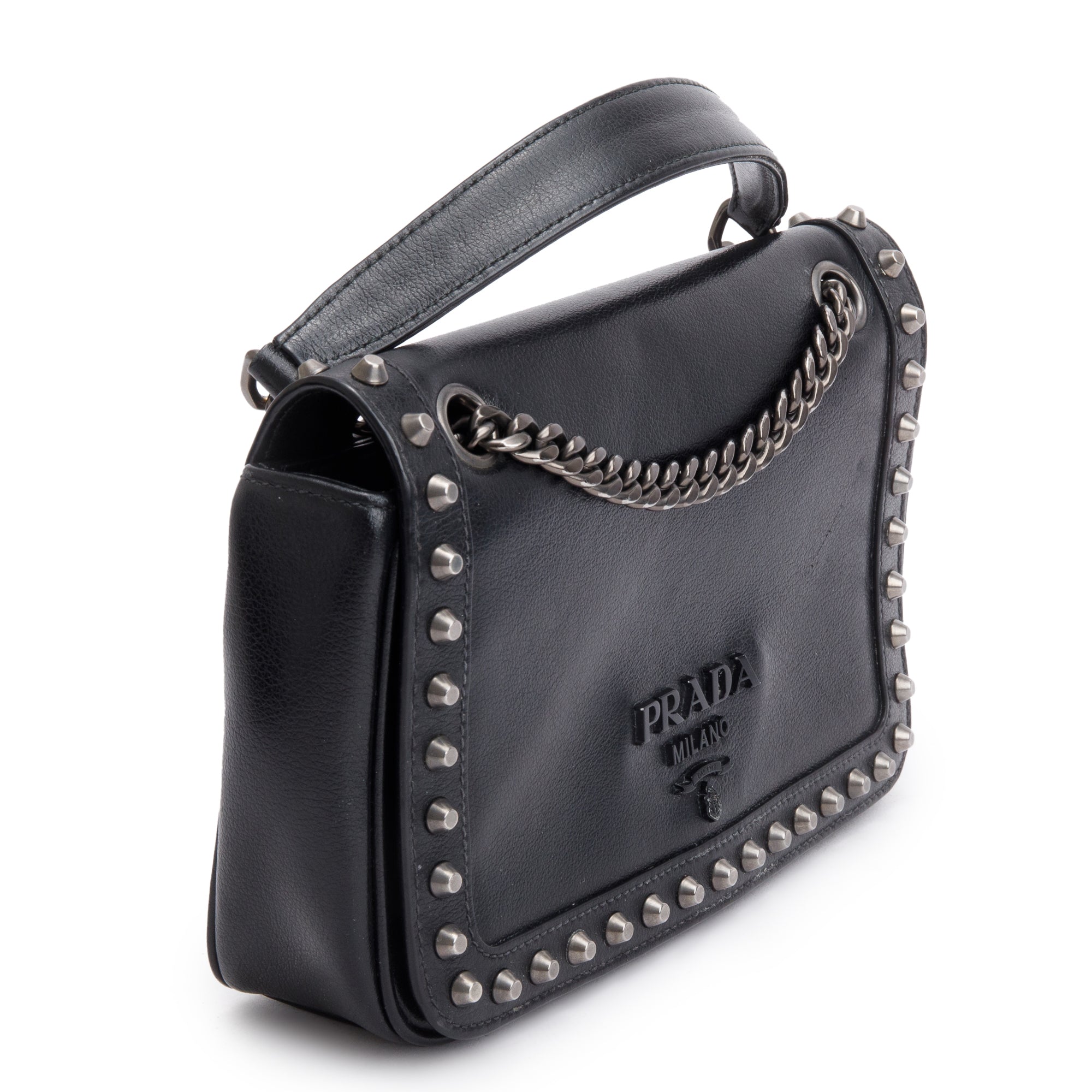 Prada Black Glace Calf Studded Crossbody Bag
