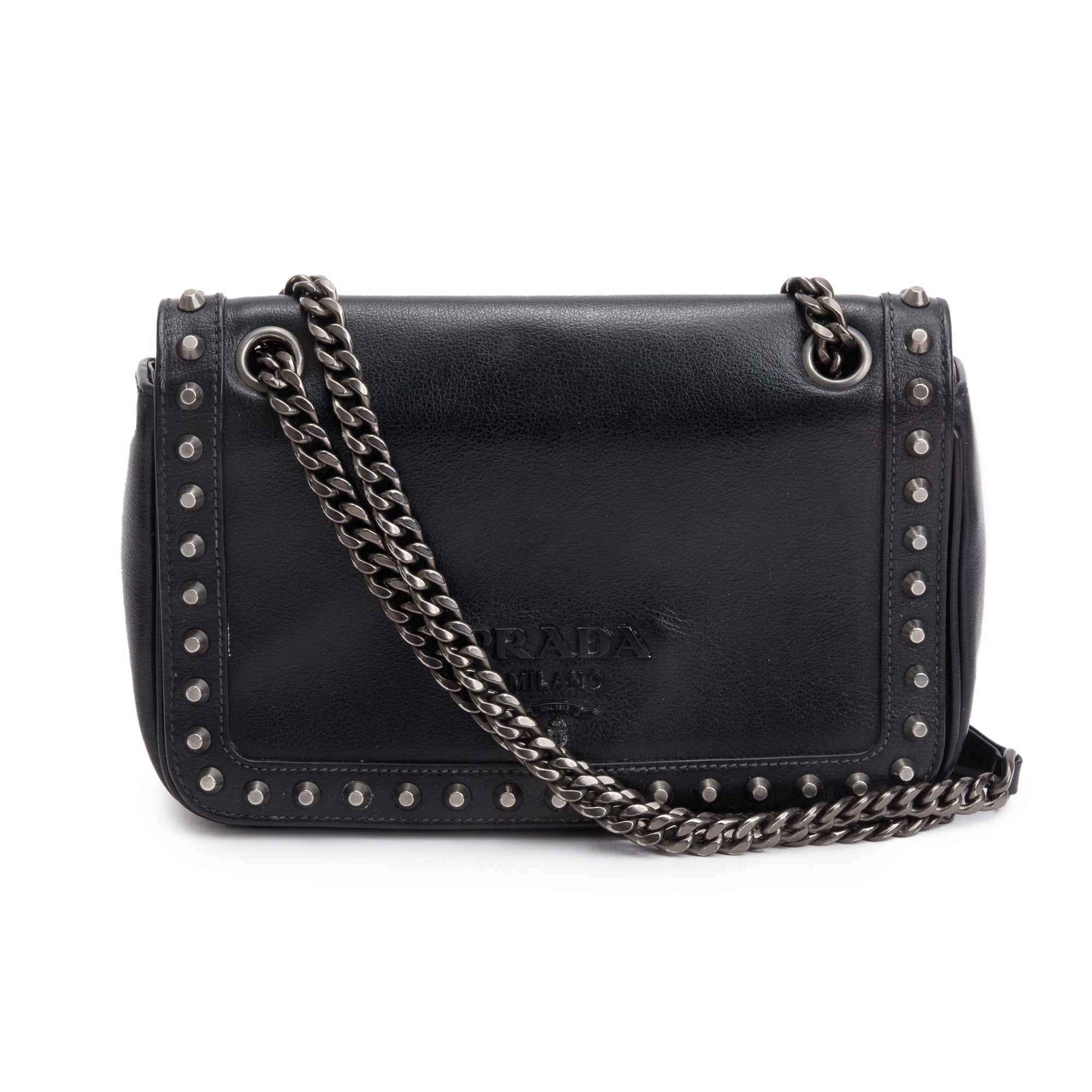 Prada Black Glace Calf Studded Crossbody Bag