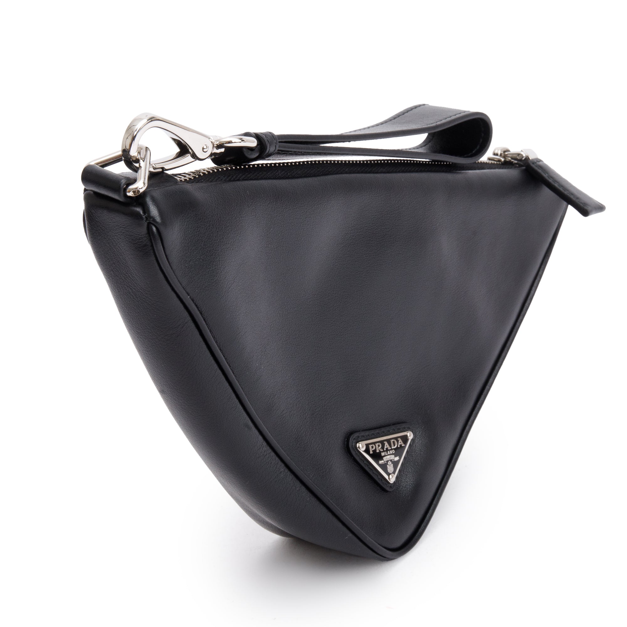 Prada Black Grace Lux Leather Triangle Wristlet Clutch w/ Box & Authenticity Card