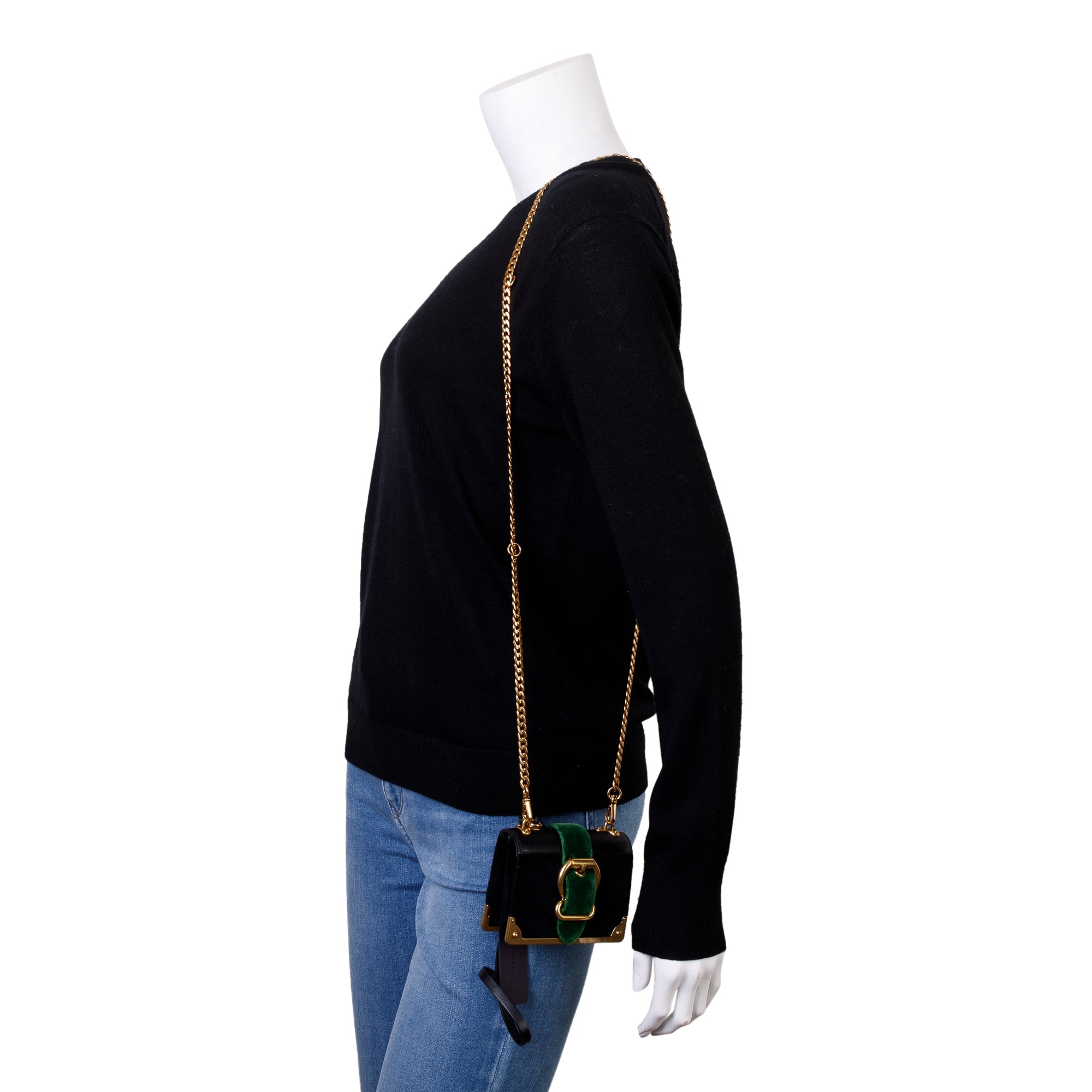 Prada Black Green Velluto City Calf Wallet on Chain w/ Box & Authenticity Card