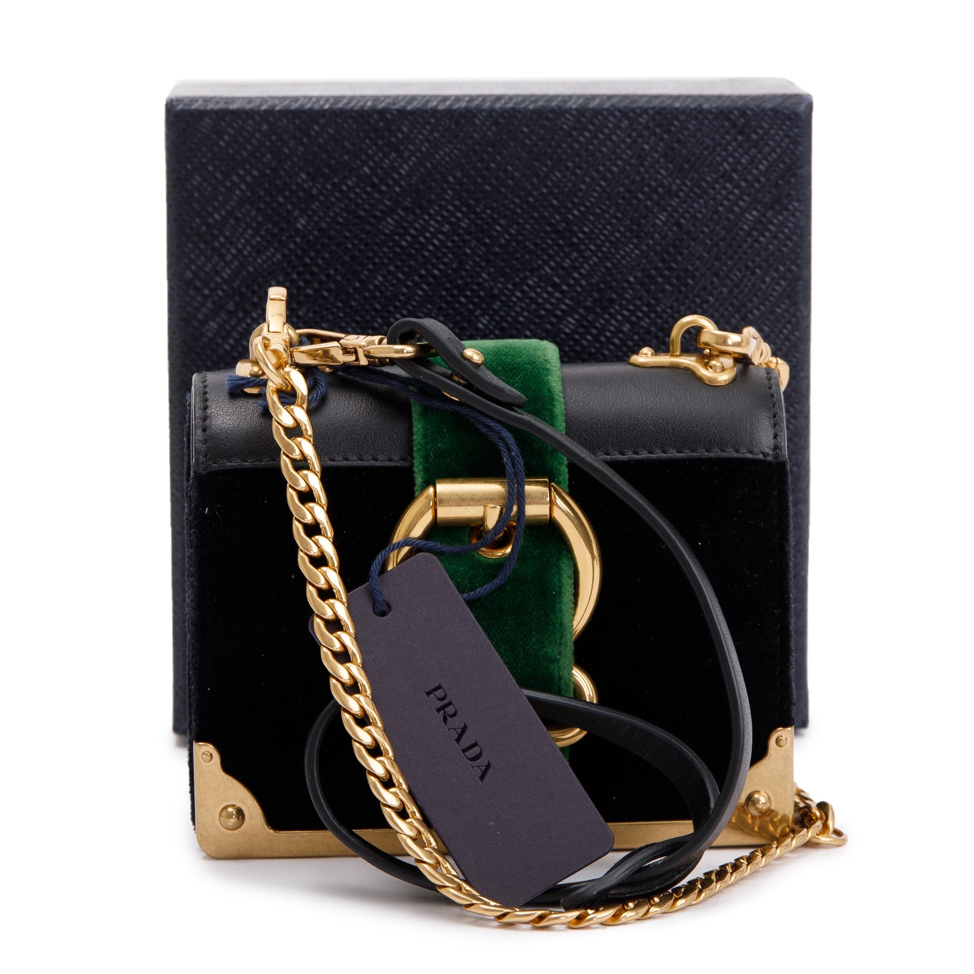 Prada Black Green Velluto City Calf Wallet on Chain w/ Box & Authenticity Card
