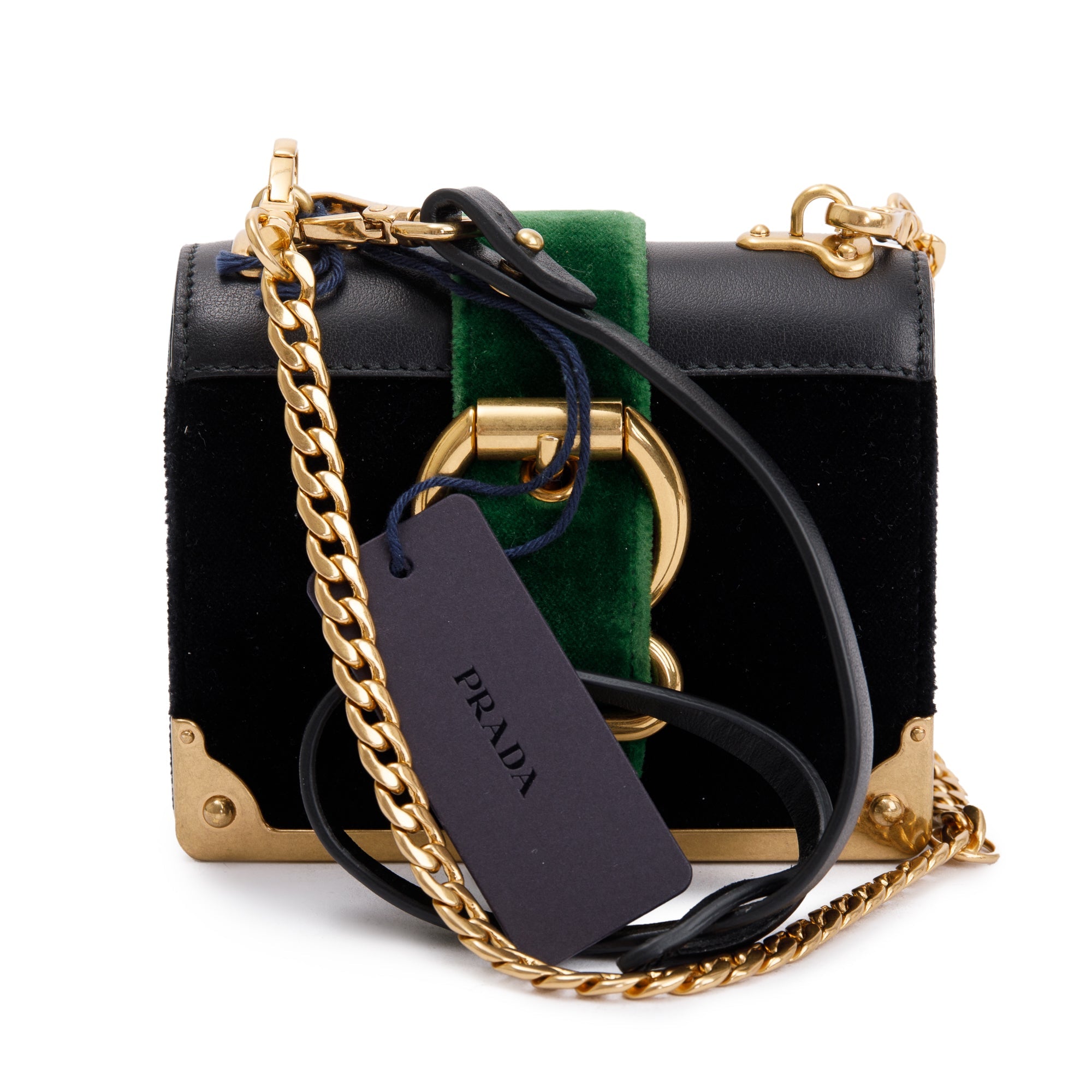 Prada Black Green Velluto City Calf Wallet on Chain w/ Box & Authenticity Card