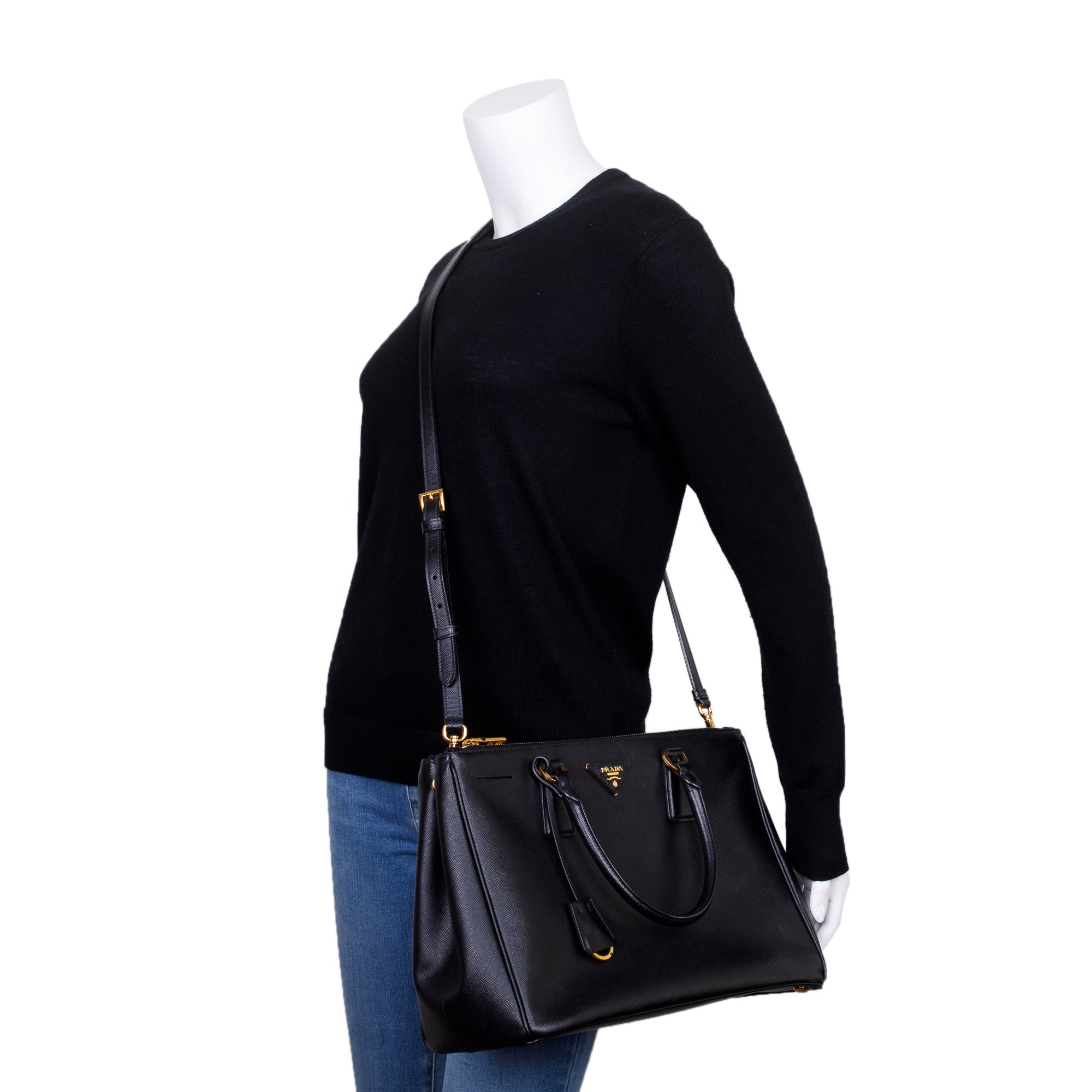 Prada Black Large Saffiano Lux Double Zip Galleria Tote w/ Strap
